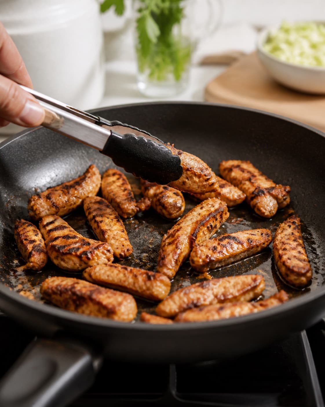 kyllingeshawarmaen steger gylden med tydelige karamelliserede kanter under tilberedningen af krydret kyllingeshawarma med sumak og sprød kålsalat