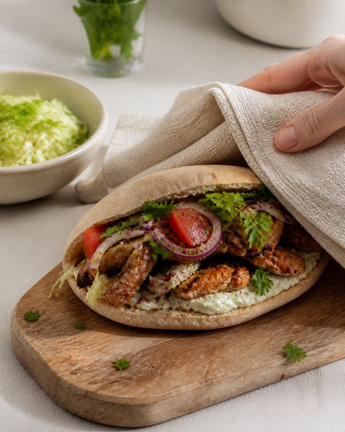 kyllingeshawarmaen hviler mens en blank sky samles under tilberedningen af krydret kyllingeshawarma med sumak og sprød kålsalat