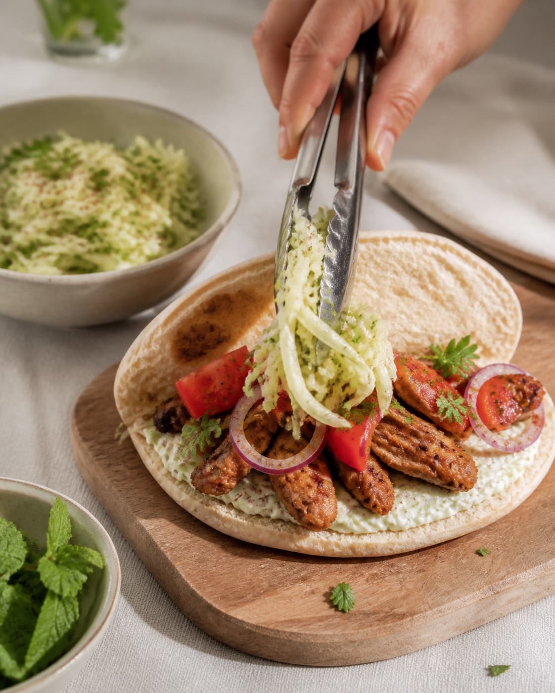 kyllingeshawarmaen anrettes med sprød kålsalat, mynte og varmt fladbrød under tilberedningen af krydret kyllingeshawarma med sumak og sprød kålsalat