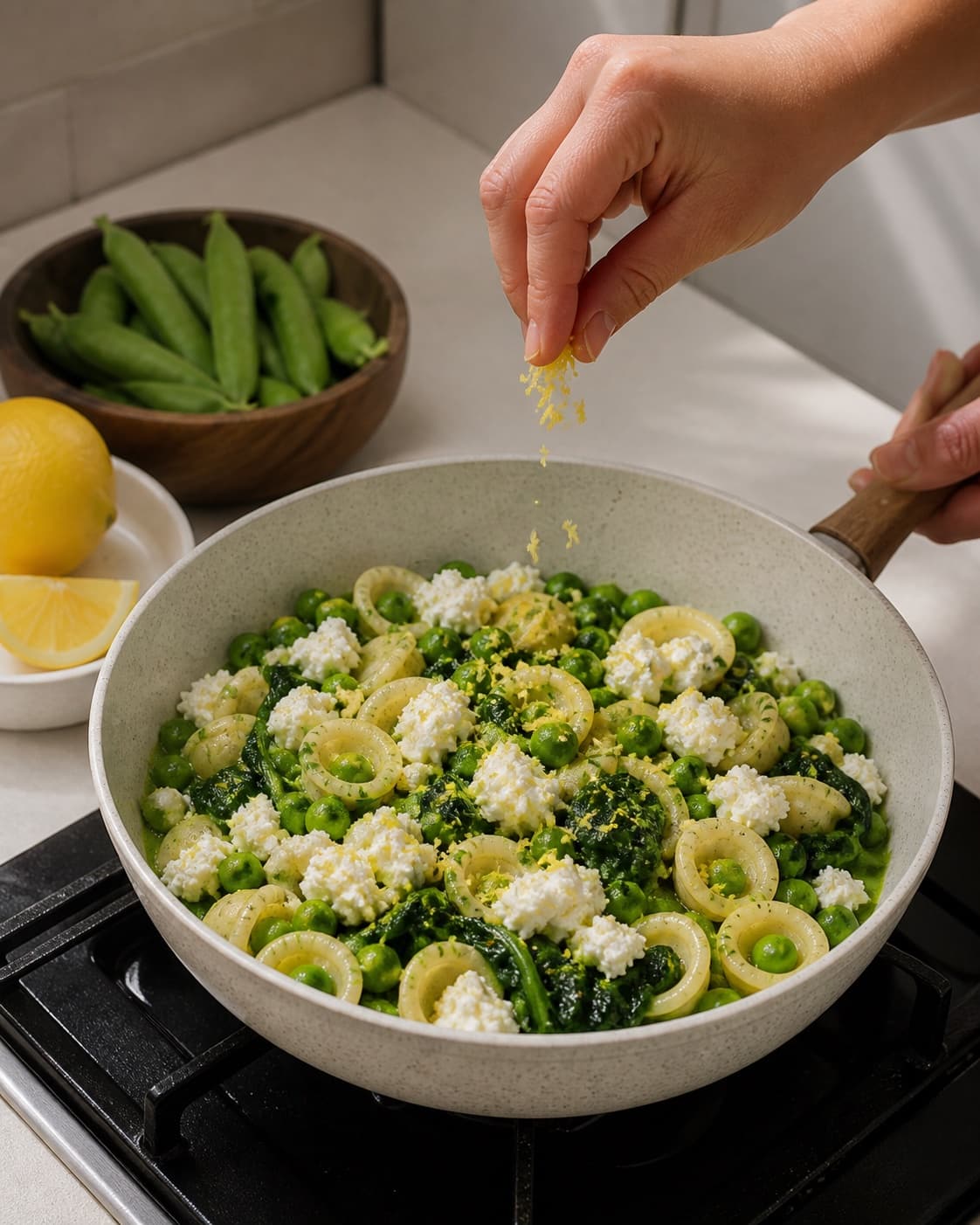 ærter, spinat og citronricotta bygges i en bred pande under tilberedningen af orecchiette med ærter, spinat og citronricotta