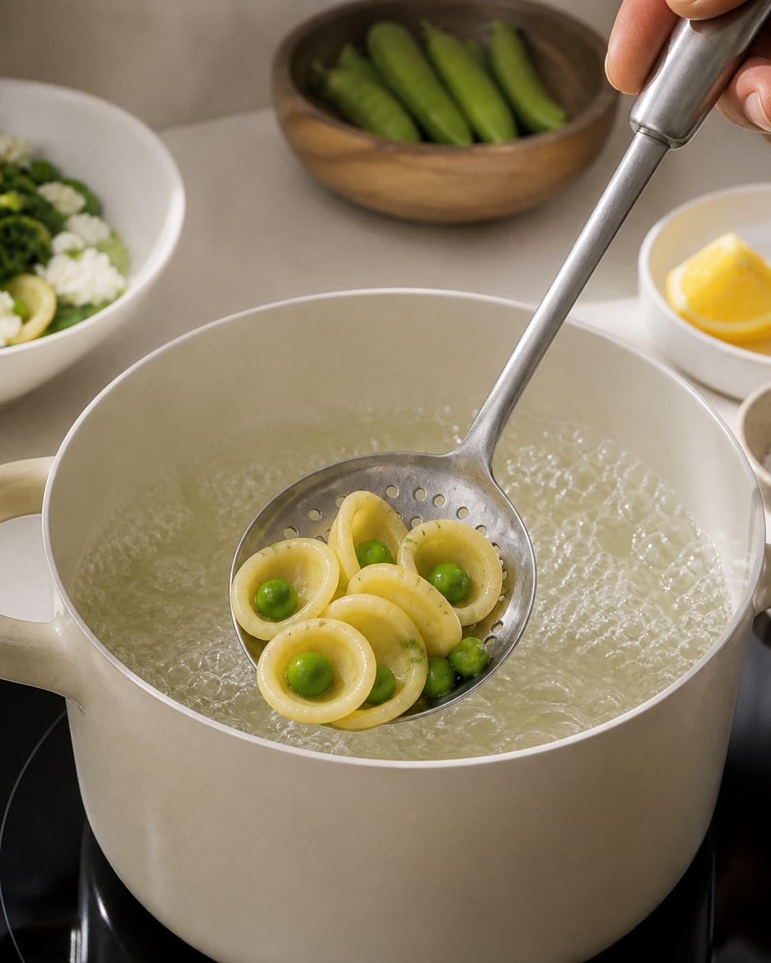 Pasta løftes fra boblende vand med fast kerne under tilberedningen af orecchiette med ærter, spinat og citronricotta