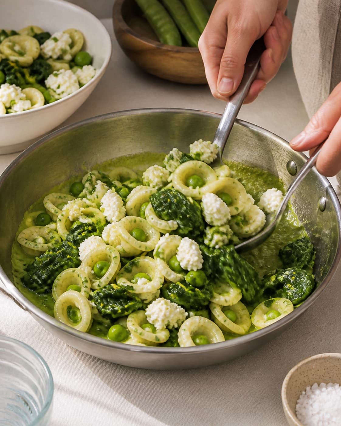 Pasta svinges blank med ærter, spinat og citronricotta under tilberedningen af orecchiette med ærter, spinat og citronricotta