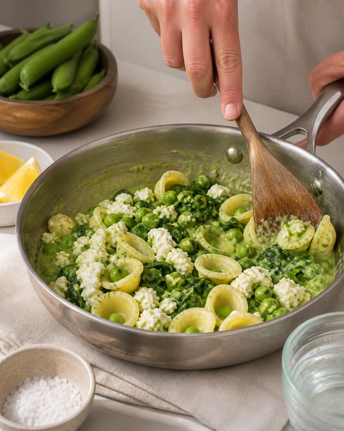 orecchiette med grønt justeres cremet væk fra hård varme under tilberedningen af orecchiette med ærter, spinat og citronricotta