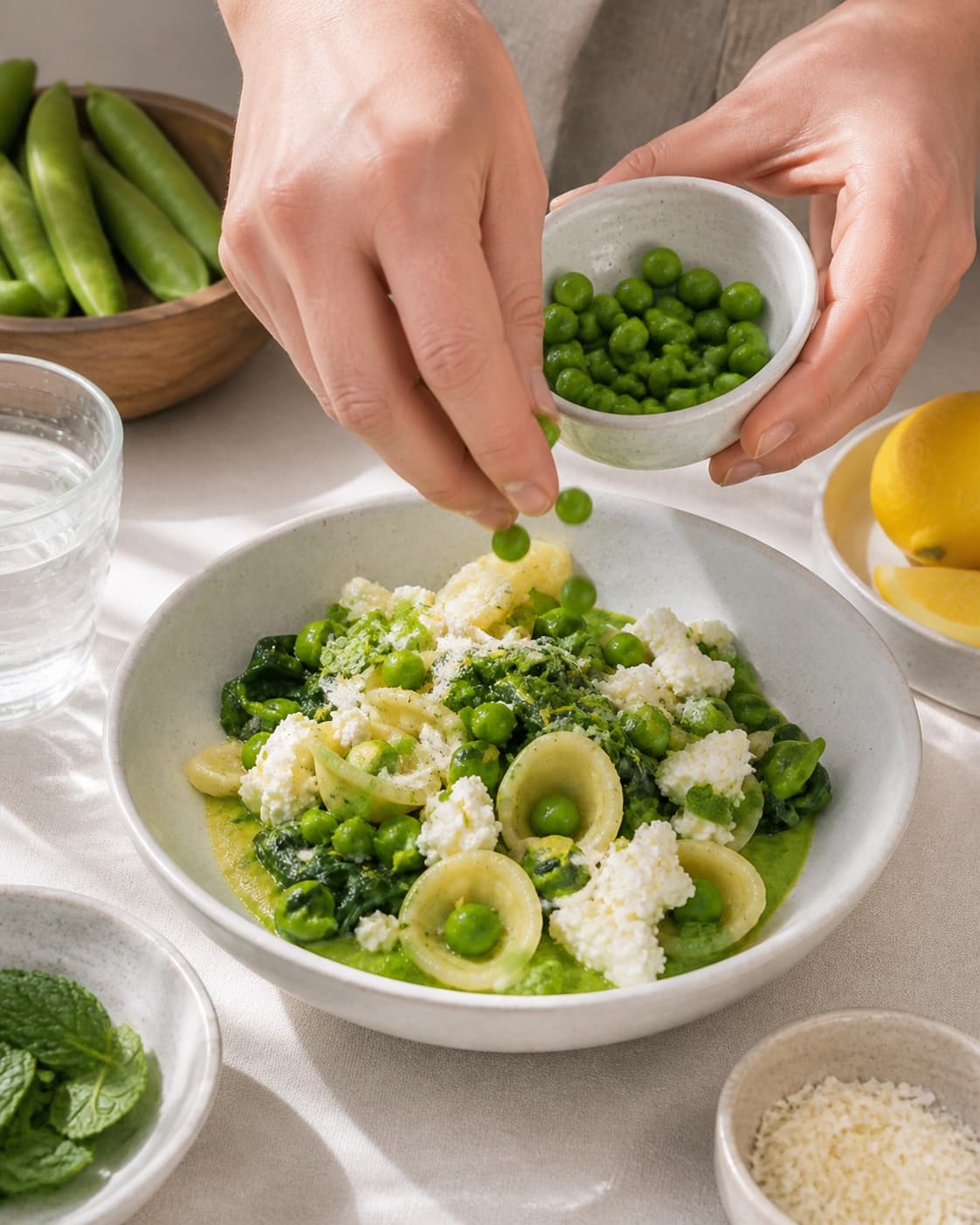 orecchiette med grønt får mynte, parmesan og hele ærter lige før servering under tilberedningen af orecchiette med ærter, spinat og citronricotta