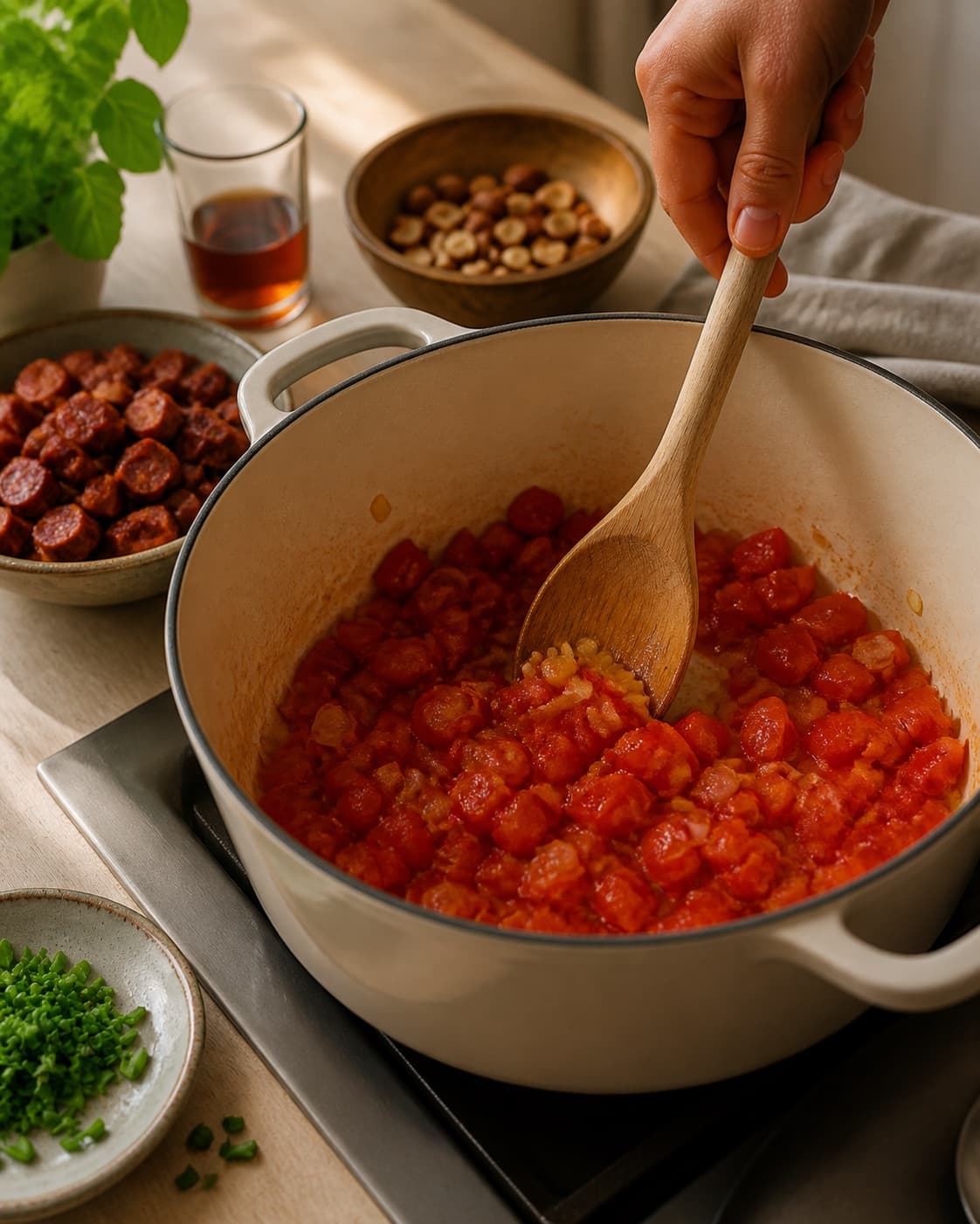 Råvarer til peberfrugtsuppen står klargjort ved gryden under tilberedningen af ristet peberfrugtsuppe med mandel, chorizo og sherry