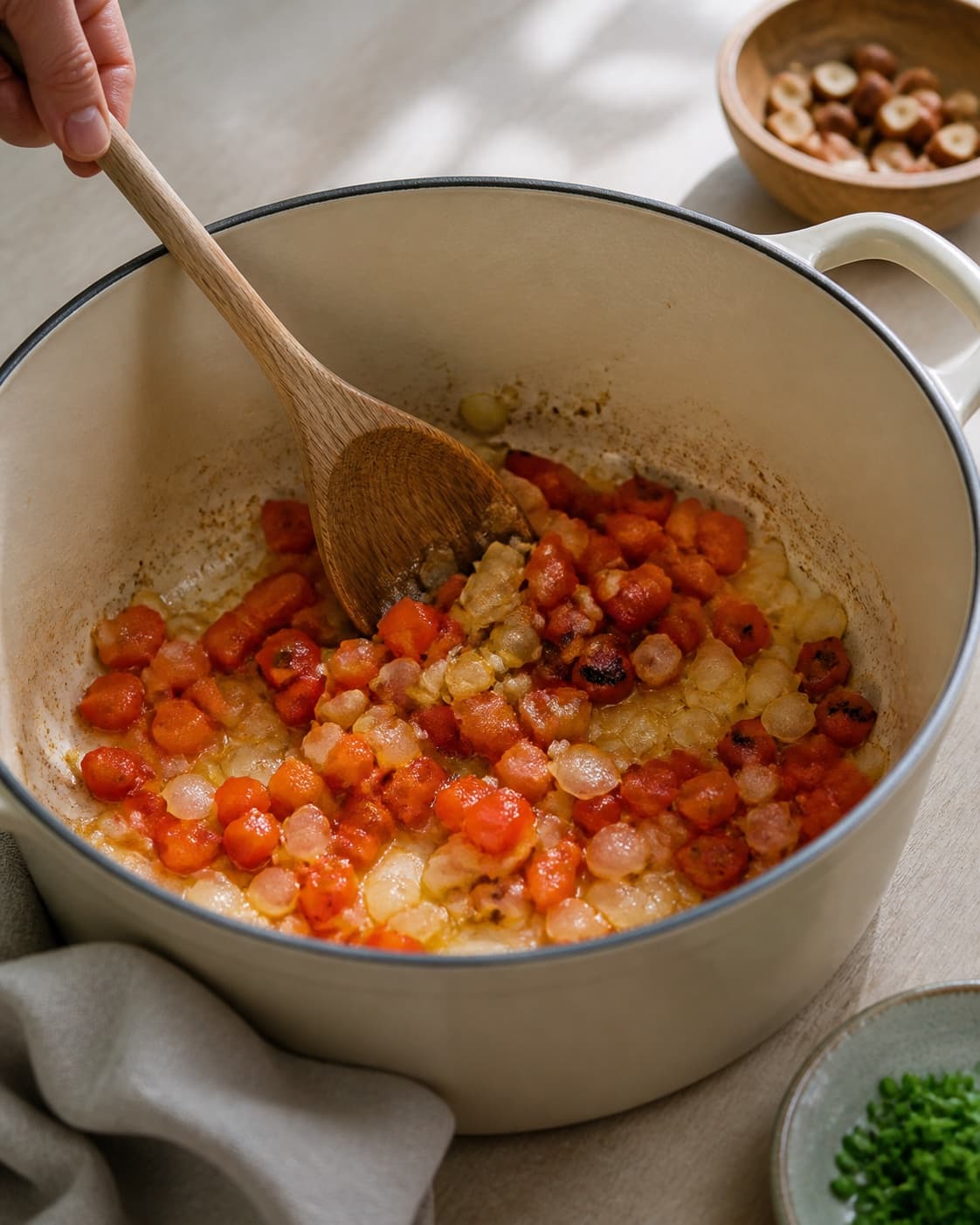 løg, hvidløg og ristet peberfrugt svedes blankt i en tykbundet gryde under tilberedningen af ristet peberfrugtsuppe med mandel, chorizo og sherry
