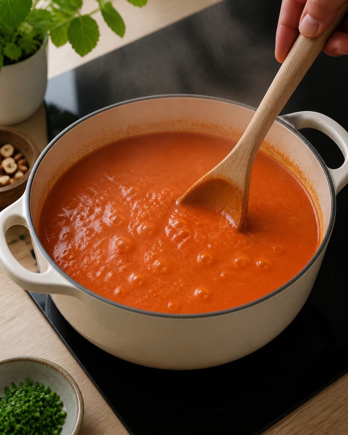 peberfrugtsuppen simrer roligt med små bobler under tilberedningen af ristet peberfrugtsuppe med mandel, chorizo og sherry
