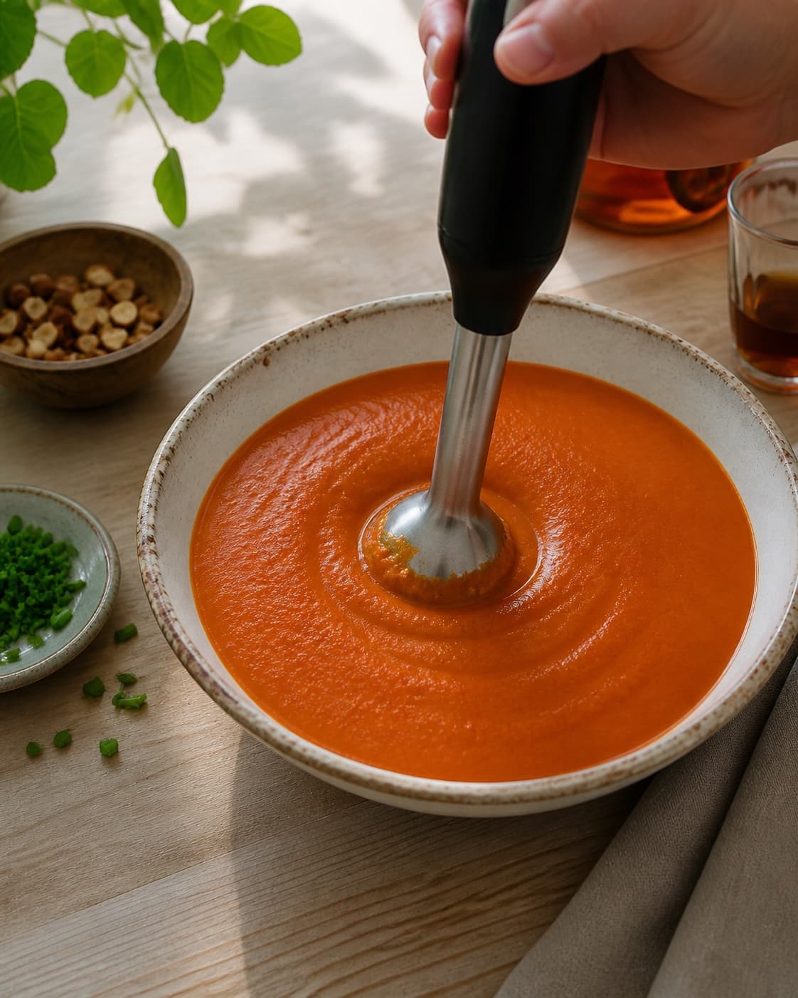 peberfrugtsuppen justeres til en blank sammenhængende konsistens under tilberedningen af ristet peberfrugtsuppe med mandel, chorizo og sherry