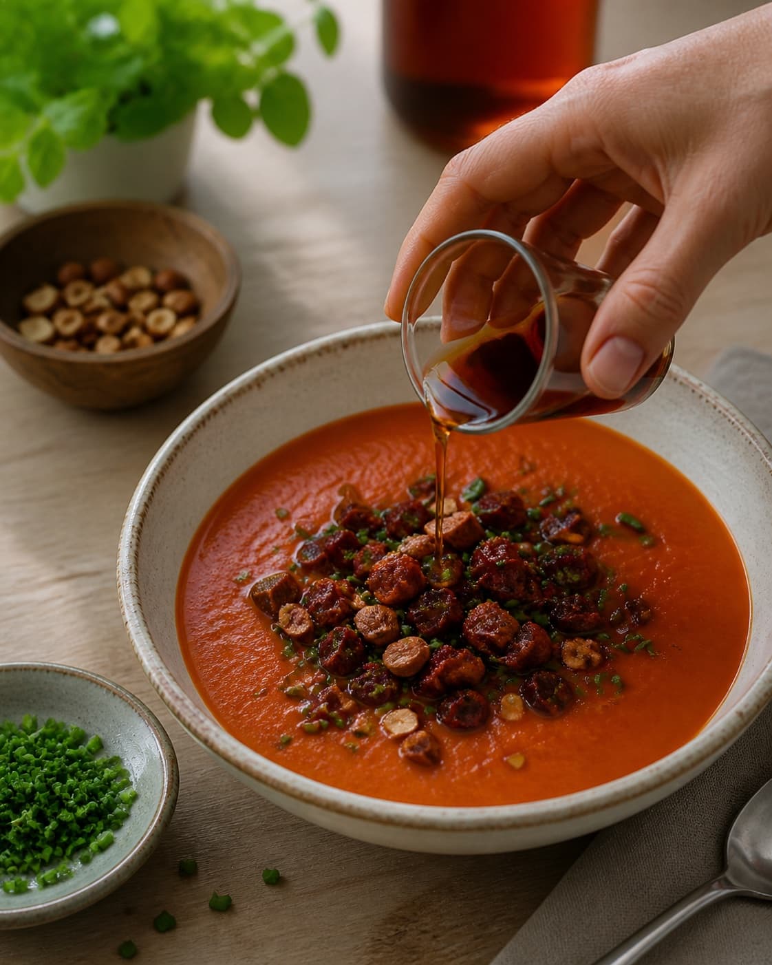 peberfrugtsuppen afsluttes med sprød chorizo, mandel og sherryeddike under tilberedningen af ristet peberfrugtsuppe med mandel, chorizo og sherry