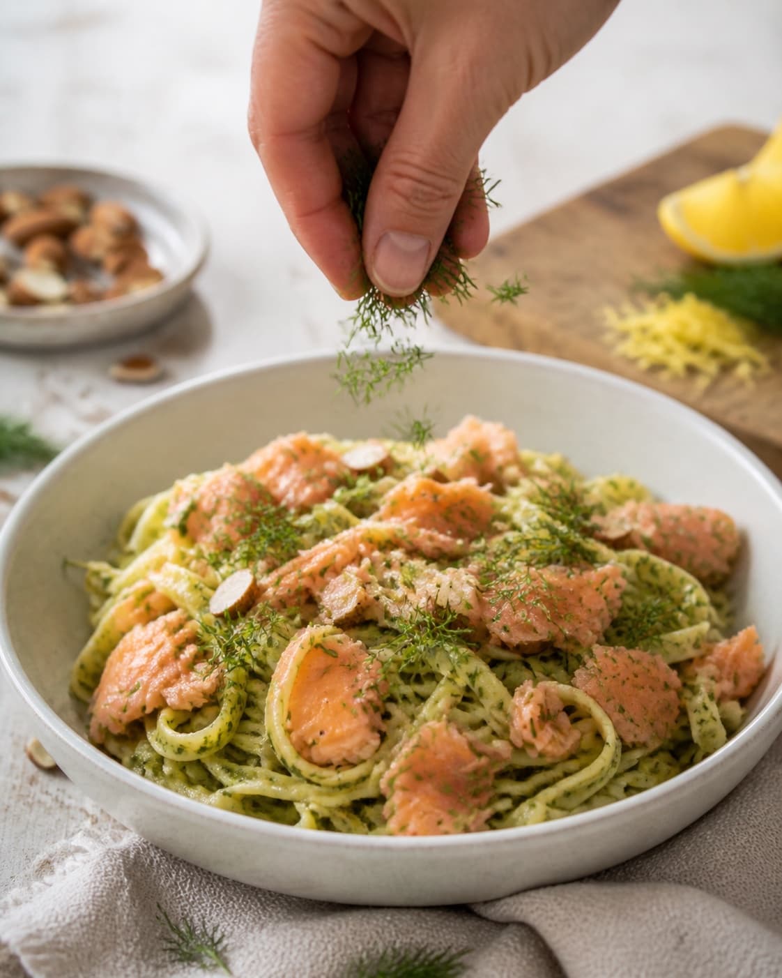 tagliatelle med laks får store flager varmrøget laks og frisk dild lige før servering under tilberedningen af tagliatelle med varmrøget laks, dildpesto og citron