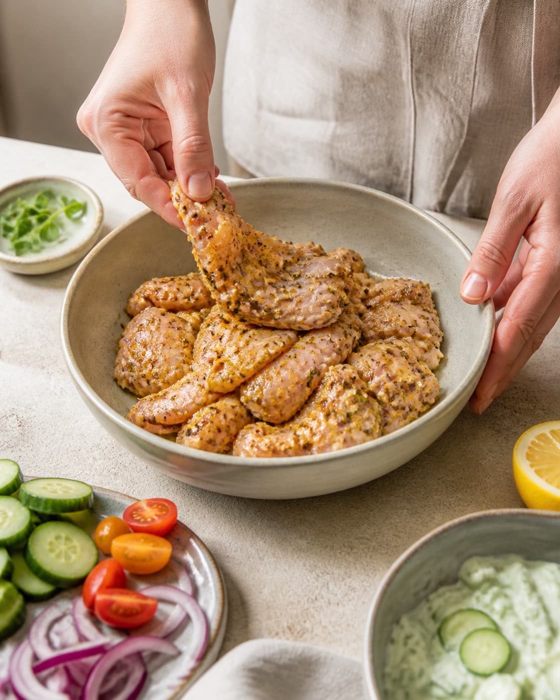 marineret kylling klargøres ensartet til kyllingegyrosen under tilberedningen af kyllingegyros med citron, oregano og agurkesalat