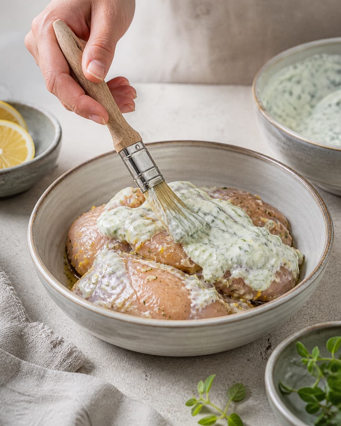 marineret kylling pensles jævnt med yoghurt, citron, hvidløg og oregano under tilberedningen af kyllingegyros med citron, oregano og agurkesalat