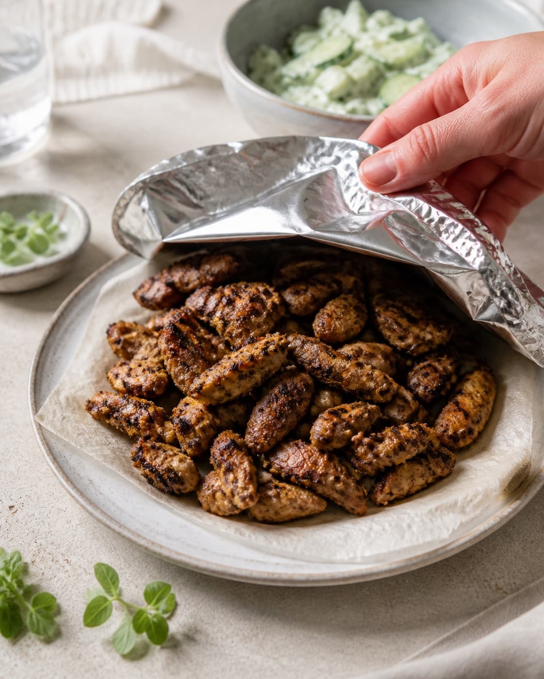 kyllingegyrosen hviler mens en blank sky samles under tilberedningen af kyllingegyros med citron, oregano og agurkesalat