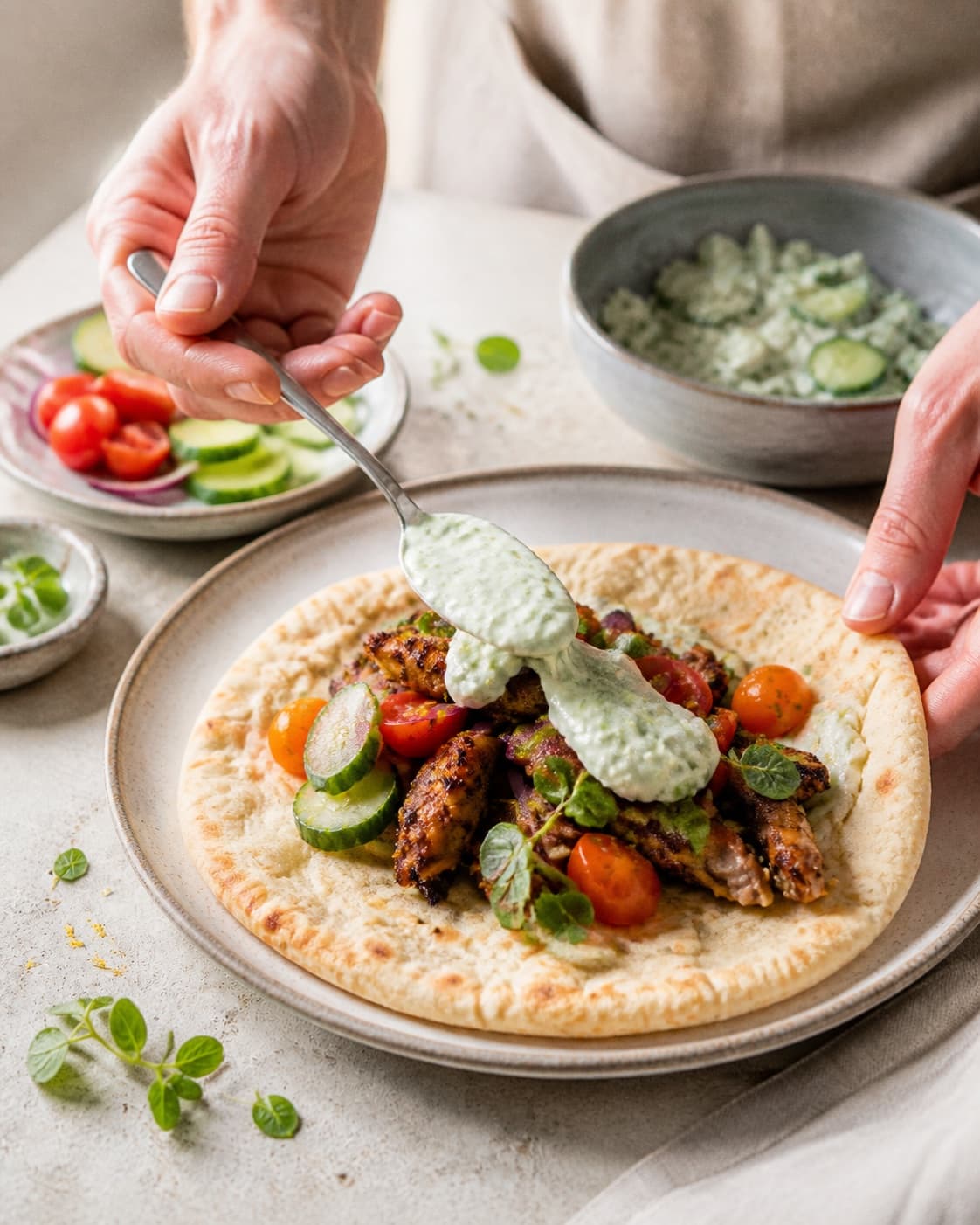 kyllingegyrosen anrettes med agurkesalat, tomat og varme pita under tilberedningen af kyllingegyros med citron, oregano og agurkesalat