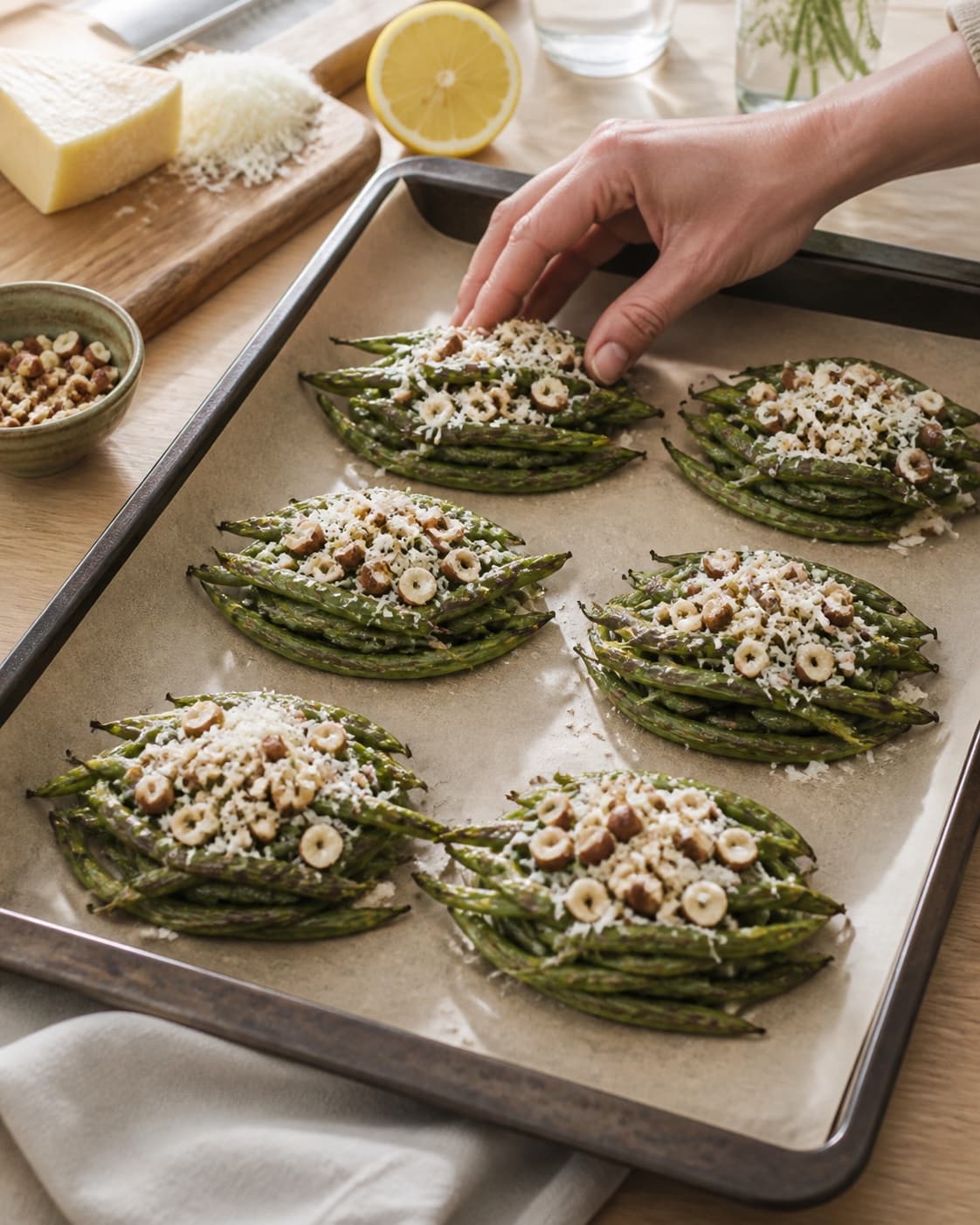 bønnefritterne formes i ens emner på en plade under tilberedningen af sprøde grønne bønner med parmesan, citron og hasselnød
