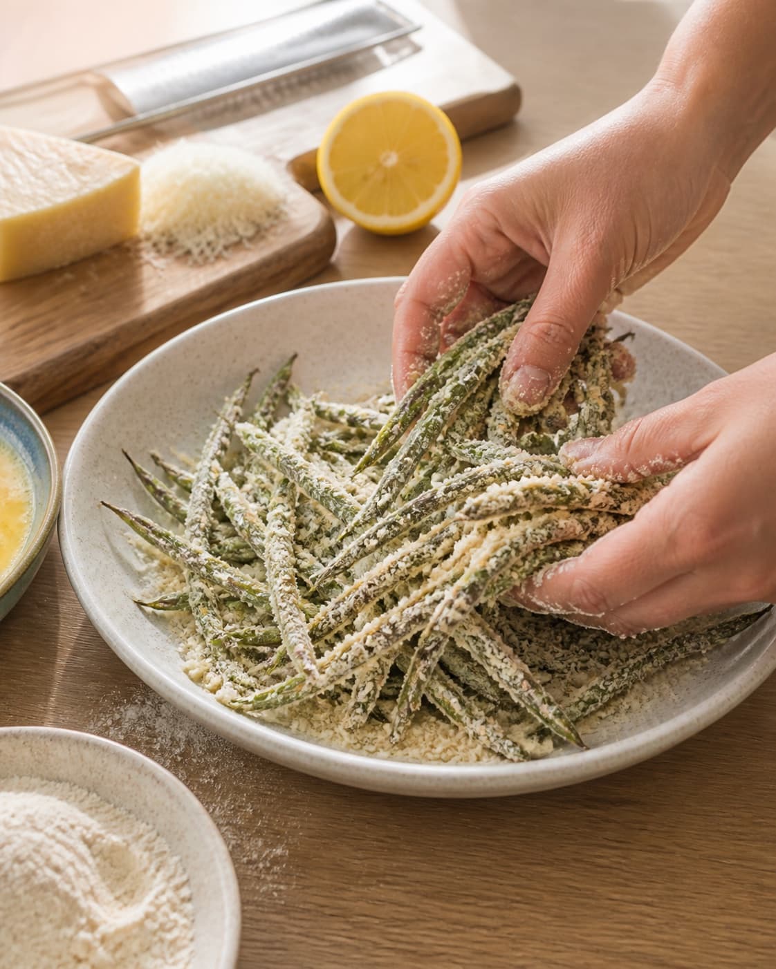 bønnefritterne dækkes jævnt med mel, æg, panko og parmesan under tilberedningen af sprøde grønne bønner med parmesan, citron og hasselnød