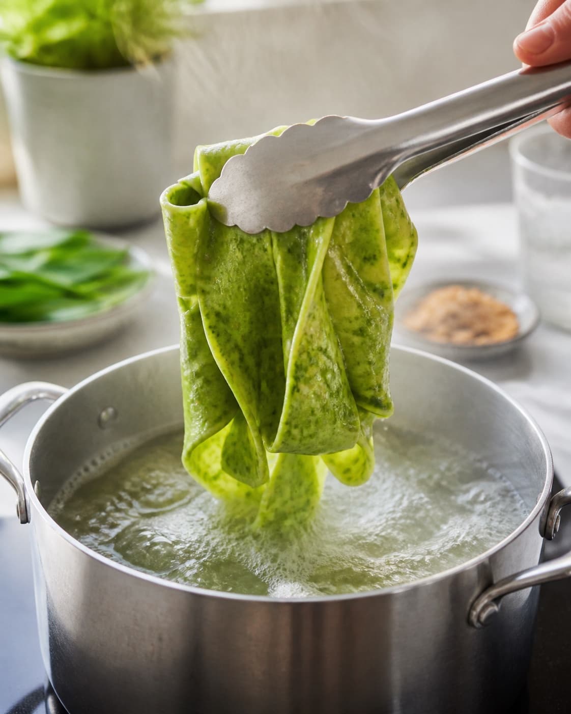 Pasta løftes fra boblende vand med fast kerne under tilberedningen af pappardelle med ramsløgscreme, asparges og mandler