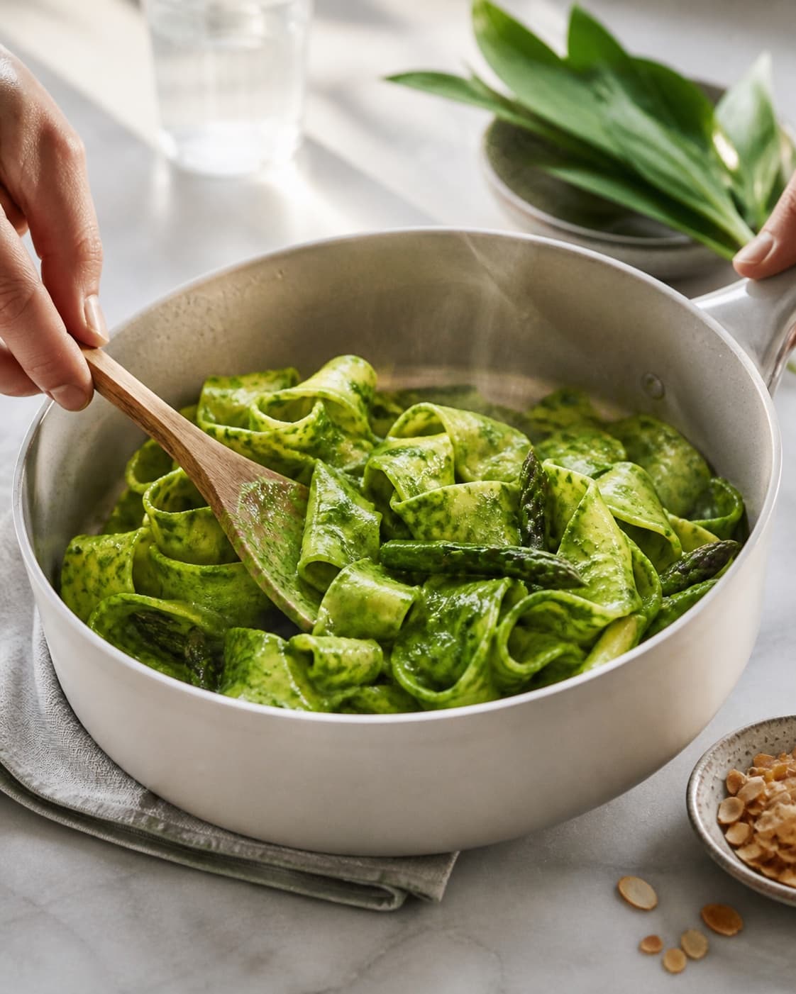 pappardelle med ramsløg justeres cremet væk fra hård varme under tilberedningen af pappardelle med ramsløgscreme, asparges og mandler