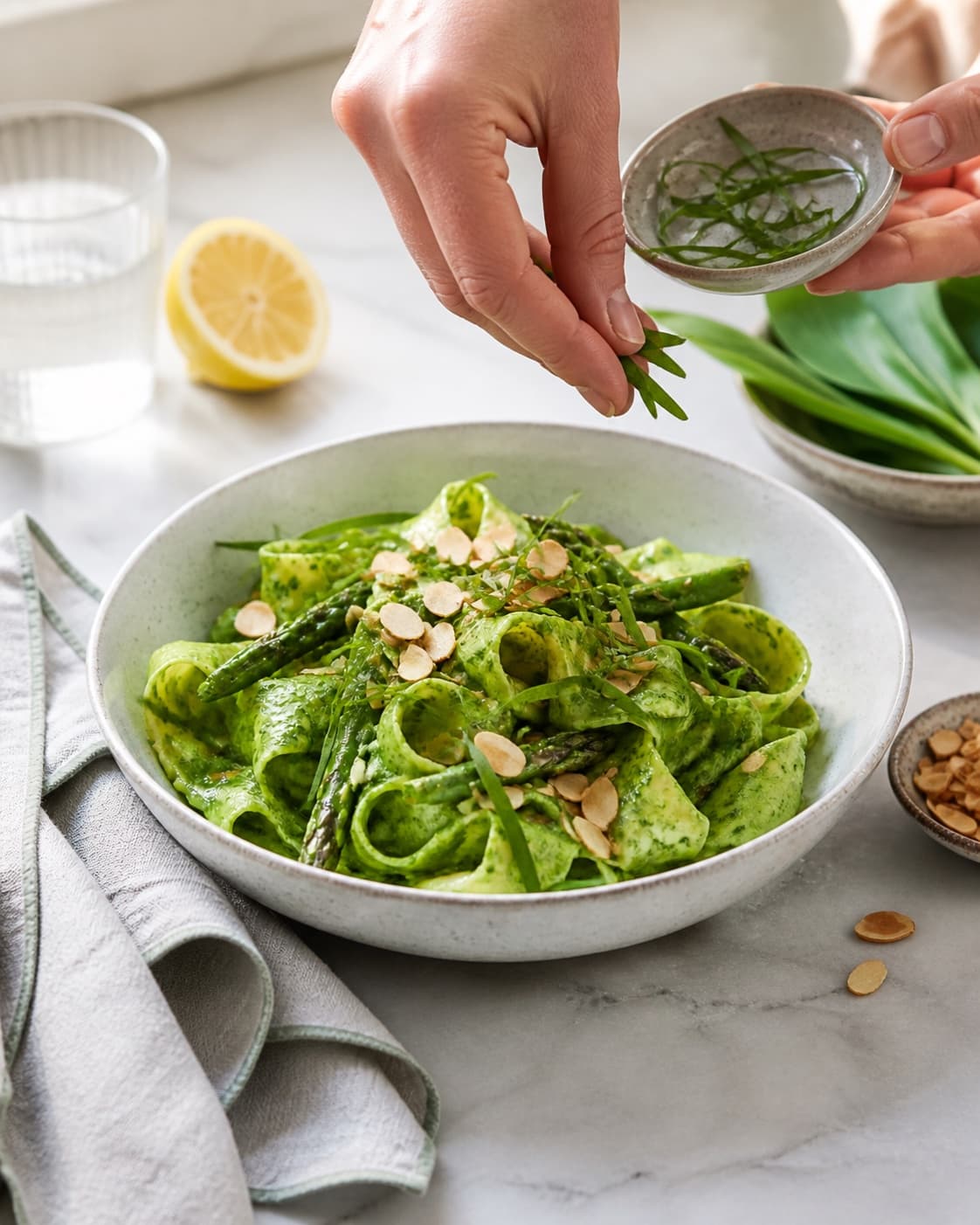 pappardelle med ramsløg får ristede mandler, citron og ramsløgsstrimler lige før servering under tilberedningen af pappardelle med ramsløgscreme, asparges og mandler