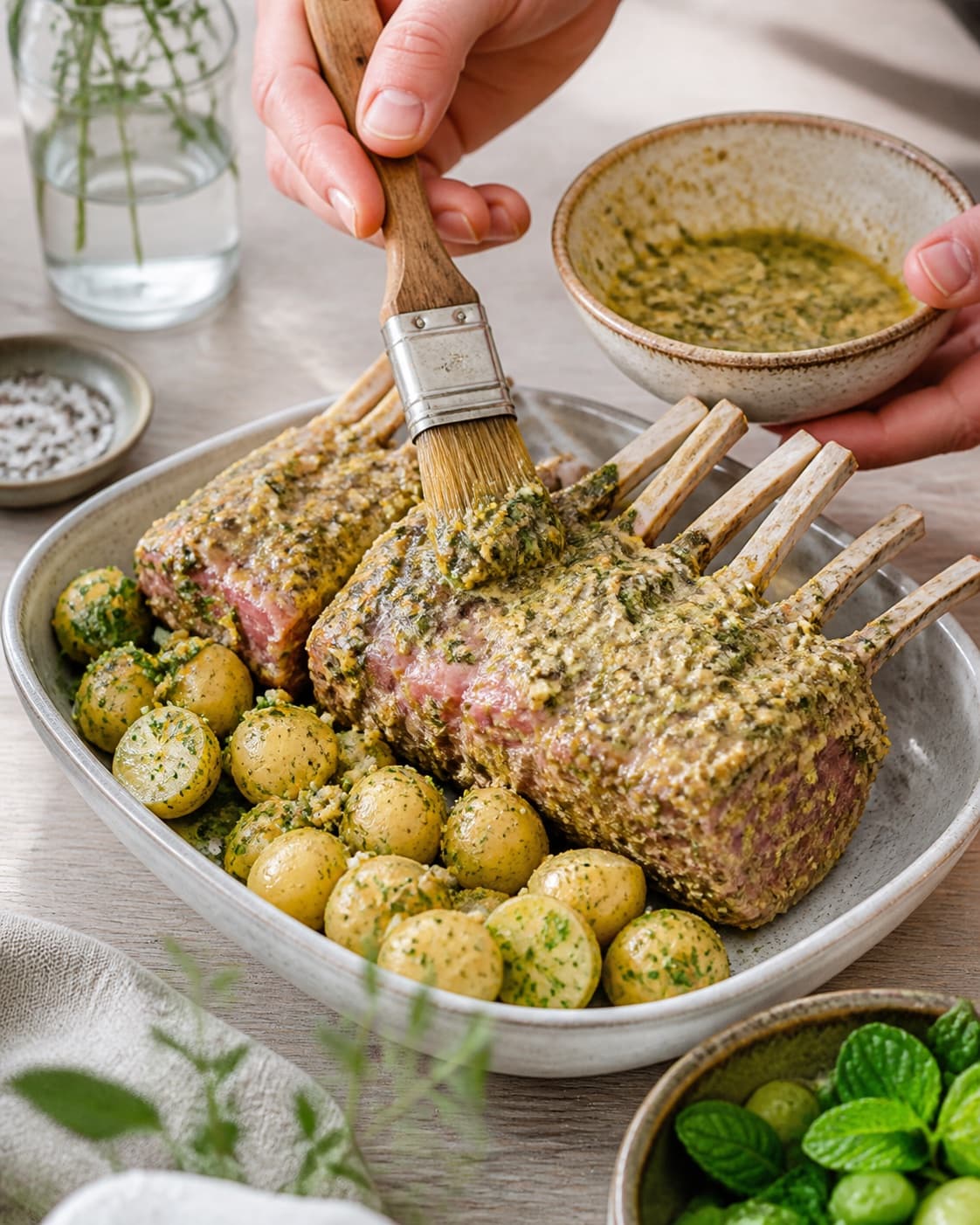 lammekrone og små kartofler pensles jævnt med sennep, hvidløg, citron og urter under tilberedningen af urtestegt lammekrone med grøn kartoffelsalat og mynte