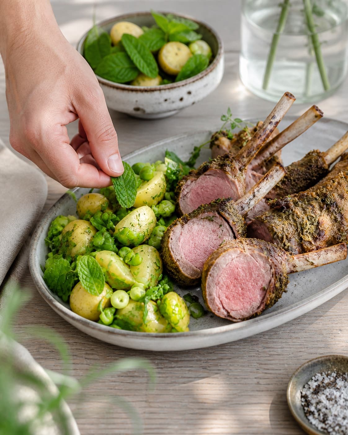 lammekronen anrettes med grøn kartoffelsalat og mynte under tilberedningen af urtestegt lammekrone med grøn kartoffelsalat og mynte
