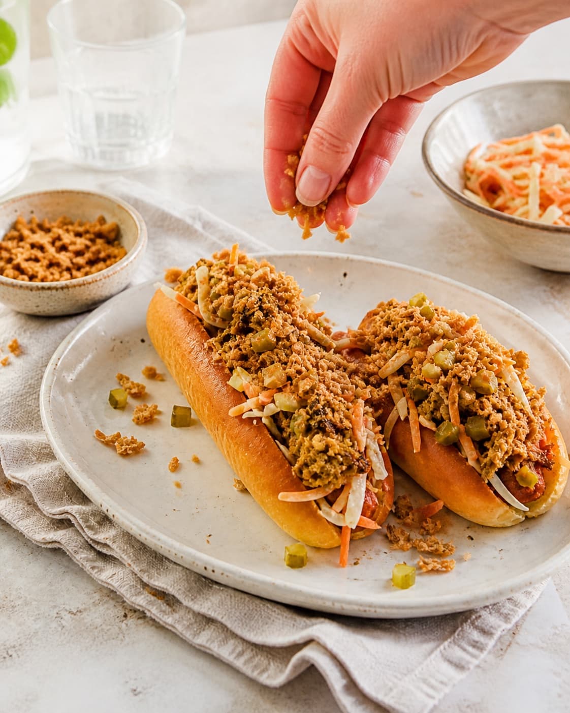 pulled pork-hotdoggen dækkes jævnt med tynd melpanering på løgene under tilberedningen af pulled pork-hotdog med syltet kål og sprøde løg