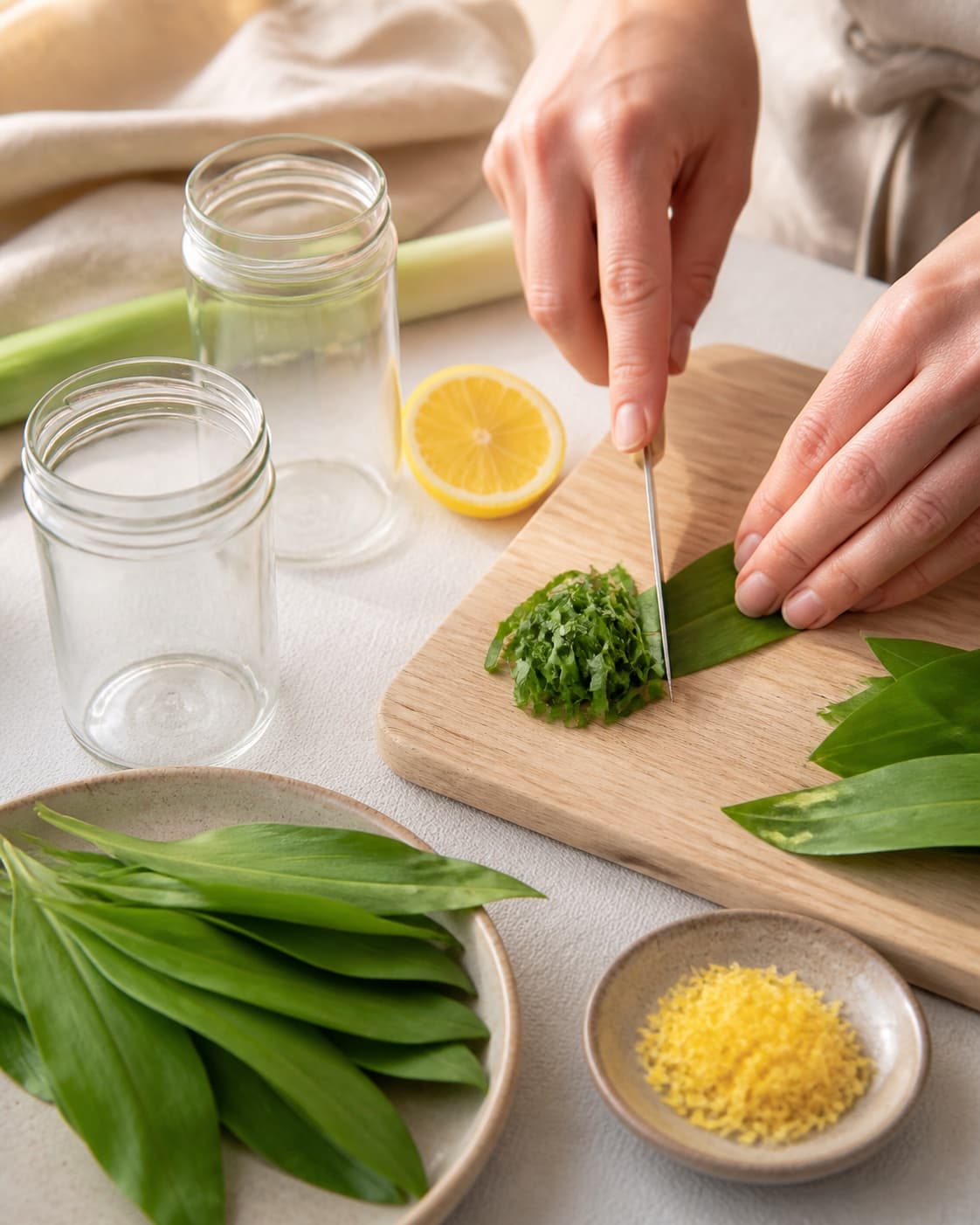 ramsløg og citronskal renses ved siden af rene glas under tilberedningen af ramsløgsmayo med brunet smør og citron