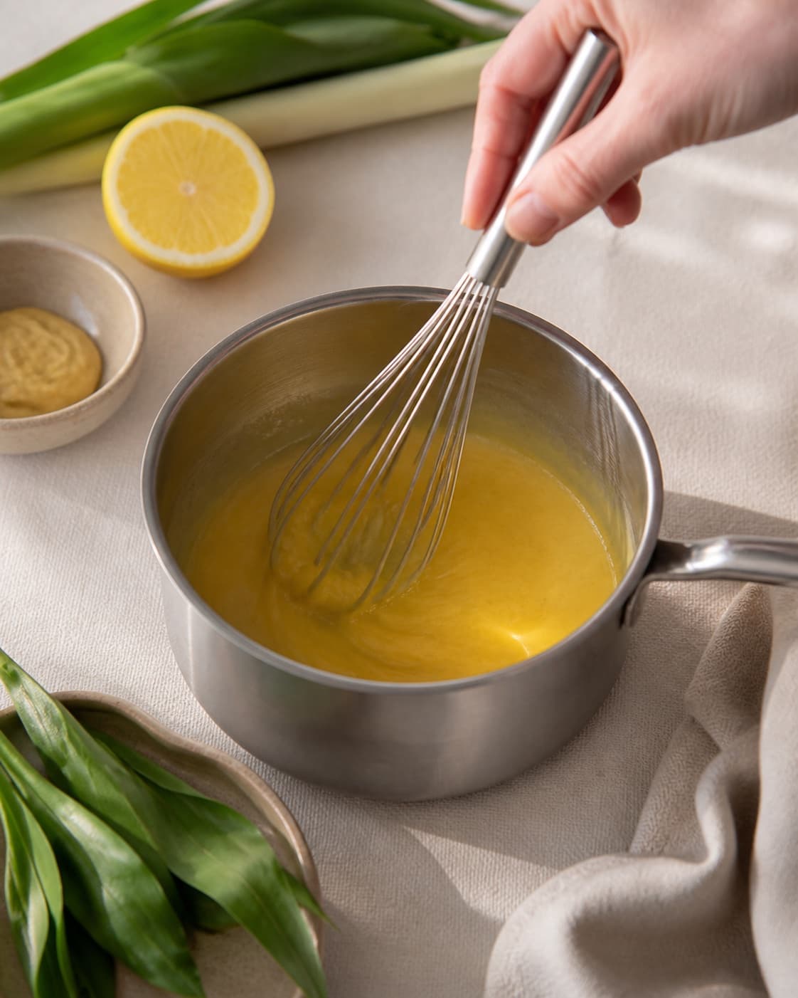 rapsolie, pasteuriseret æggeblomme og sennep koges klart til ramsløgsmayoen under tilberedningen af ramsløgsmayo med brunet smør og citron