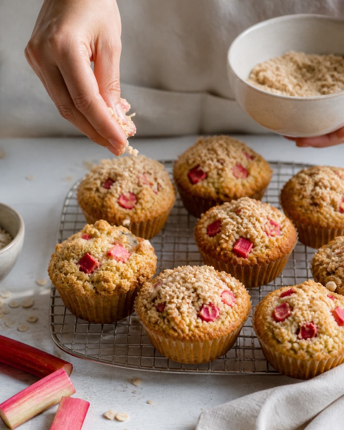 rabarbermuffinsene hviler før havrecrumble og citronskal tilføjes under tilberedningen af rabarbermuffins med marcipan, hvid chokolade og havrecrumble