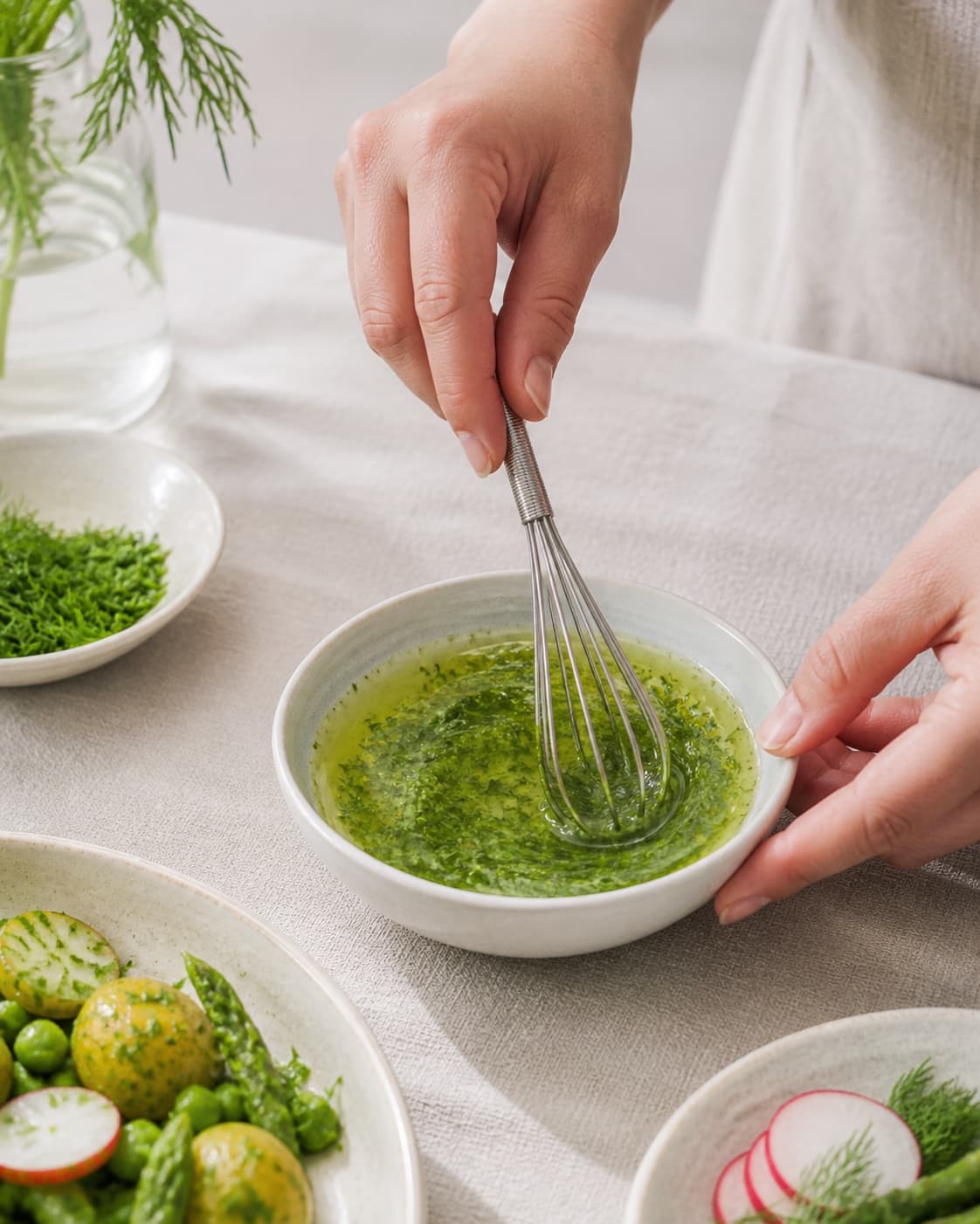 dild-citronolien piskes blank i en lille skål under tilberedningen af grøn kartoffelsalat med asparges, ærter og dildolie