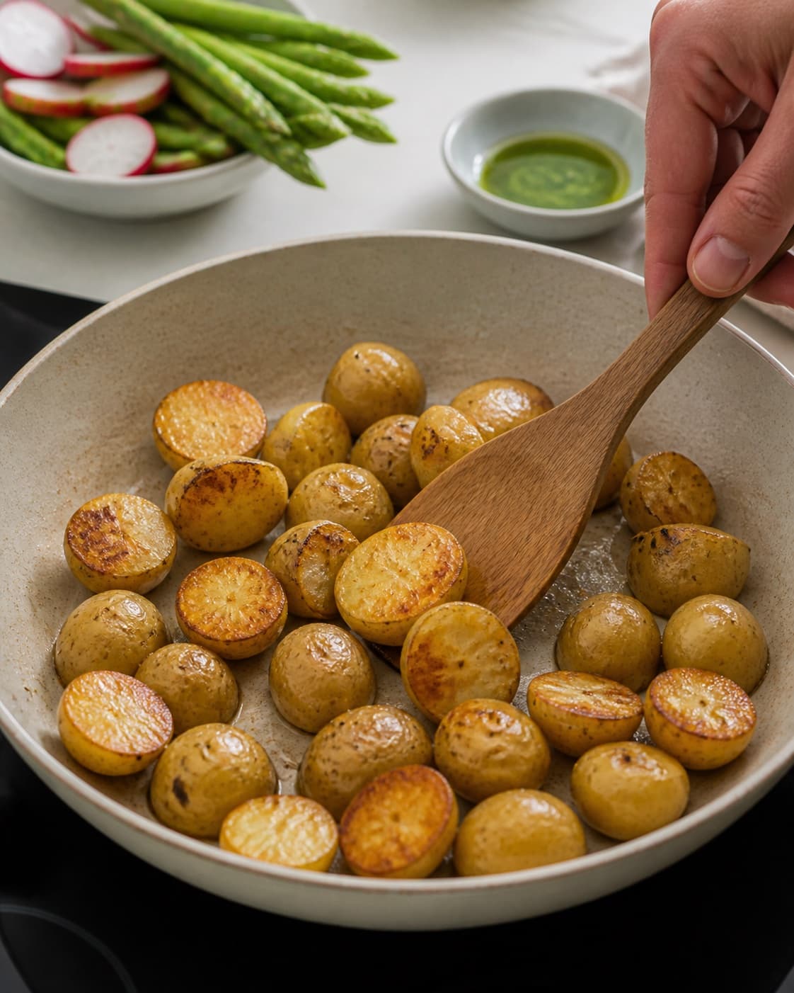 Sprødt tilbehør ristes gyldent til den grønne kartoffelsalat under tilberedningen af grøn kartoffelsalat med asparges, ærter og dildolie