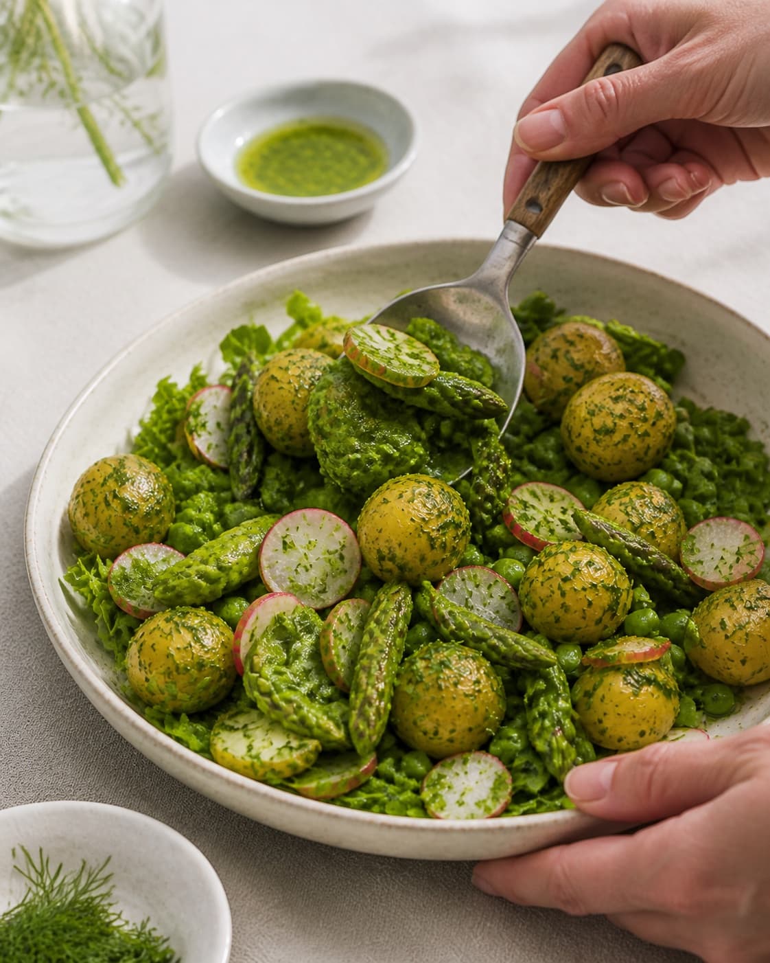 den grønne kartoffelsalat vendes nænsomt med dild-citronolien under tilberedningen af grøn kartoffelsalat med asparges, ærter og dildolie
