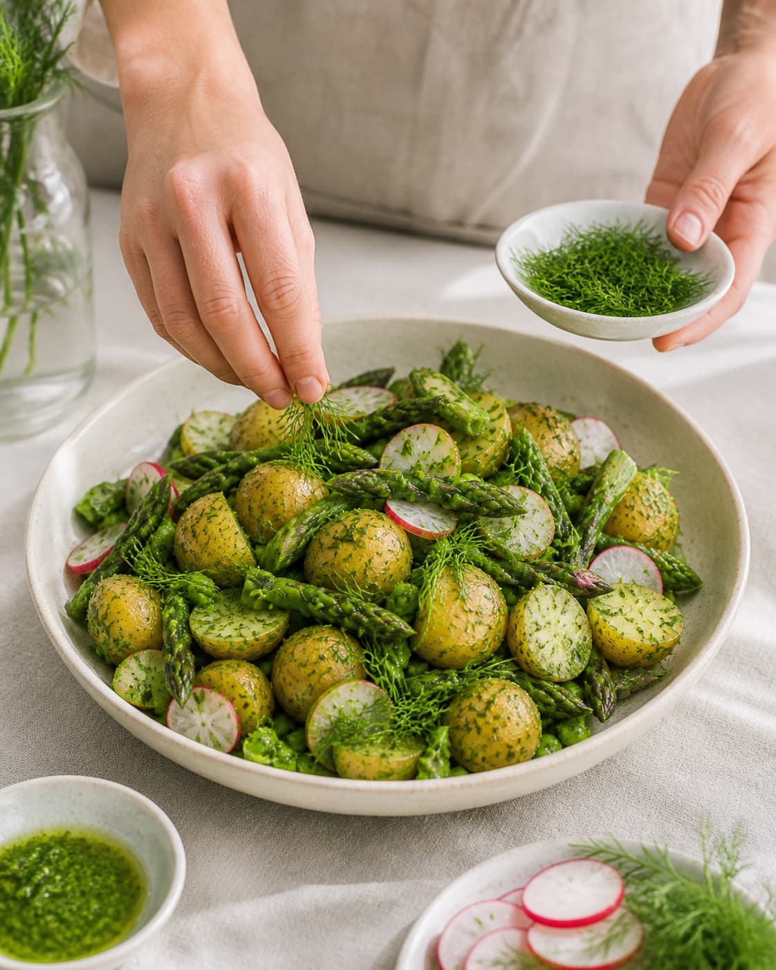 den grønne kartoffelsalat anrettes luftigt med sprøde aspargestoppe og ekstra dild under tilberedningen af grøn kartoffelsalat med asparges, ærter og dildolie