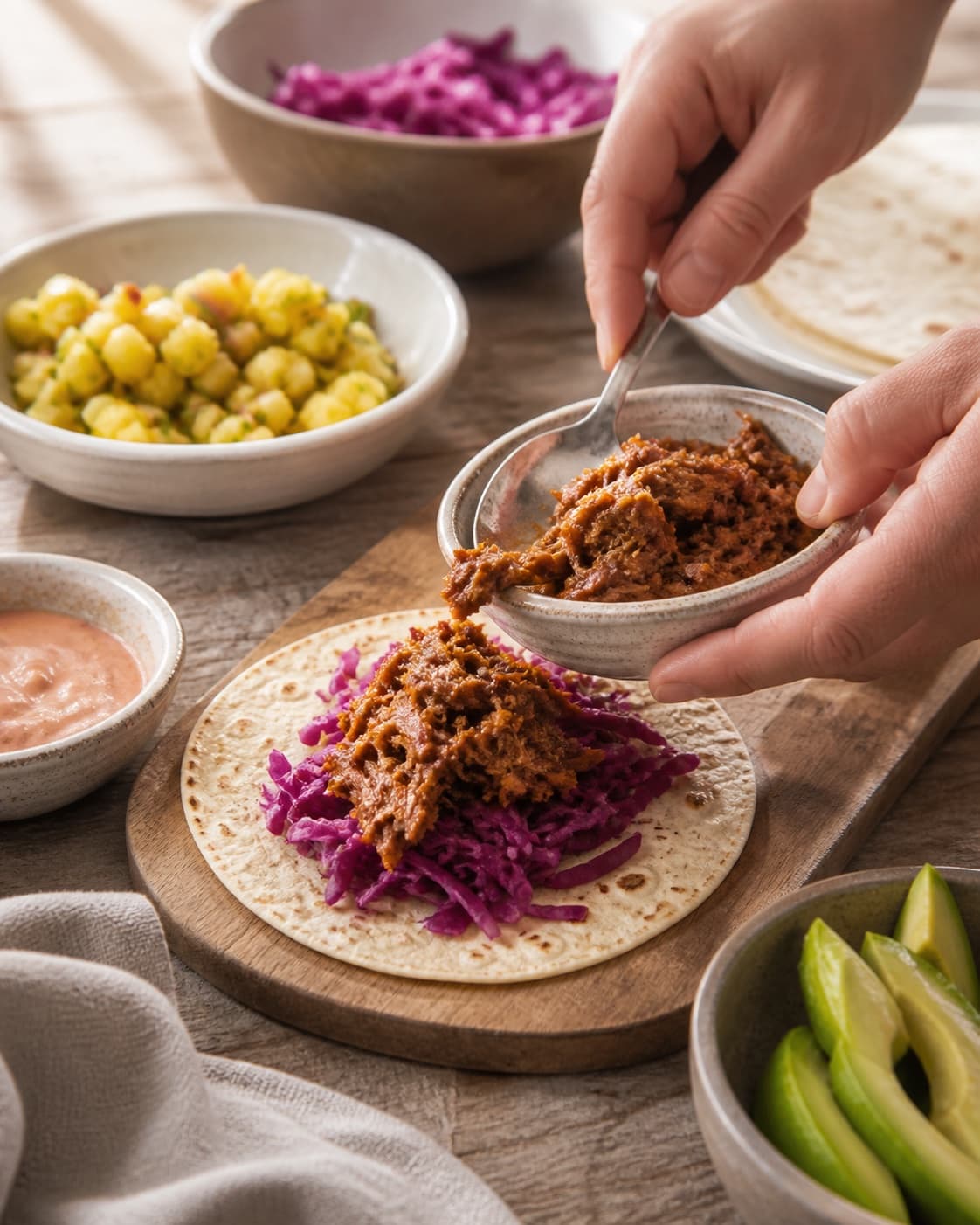 varmt kød, ananas, kål og avocado klargøres ensartet til pulled pork-tacosene under tilberedningen af pulled pork-tacos med ananassalsa og chipotlecreme