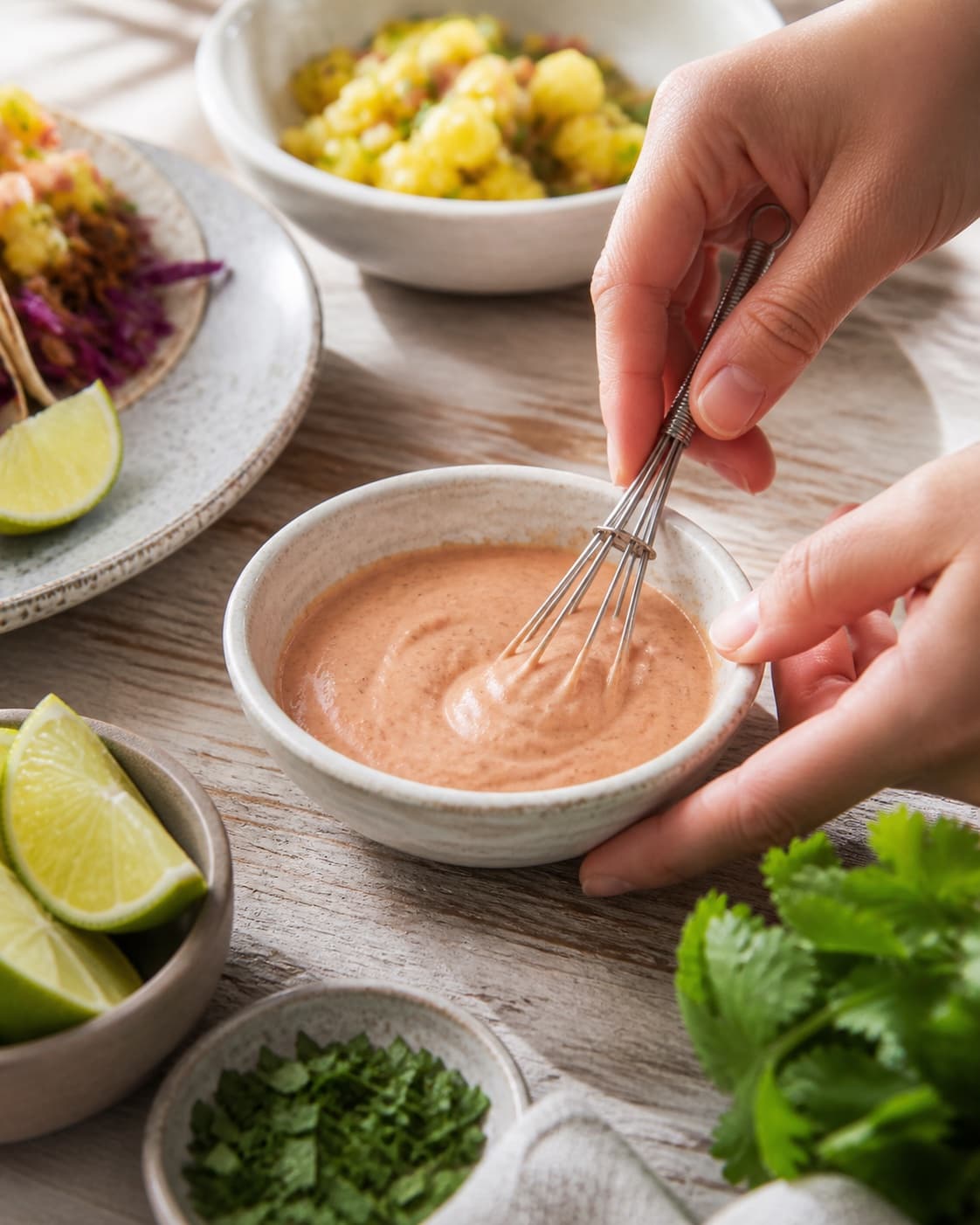 chipotle-limecremen piskes blank i en lille skål under tilberedningen af pulled pork-tacos med ananassalsa og chipotlecreme