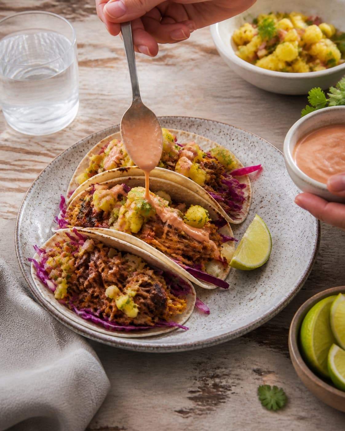 pulled pork-tacosene vendes nænsomt med chipotle-limecremen under tilberedningen af pulled pork-tacos med ananassalsa og chipotlecreme