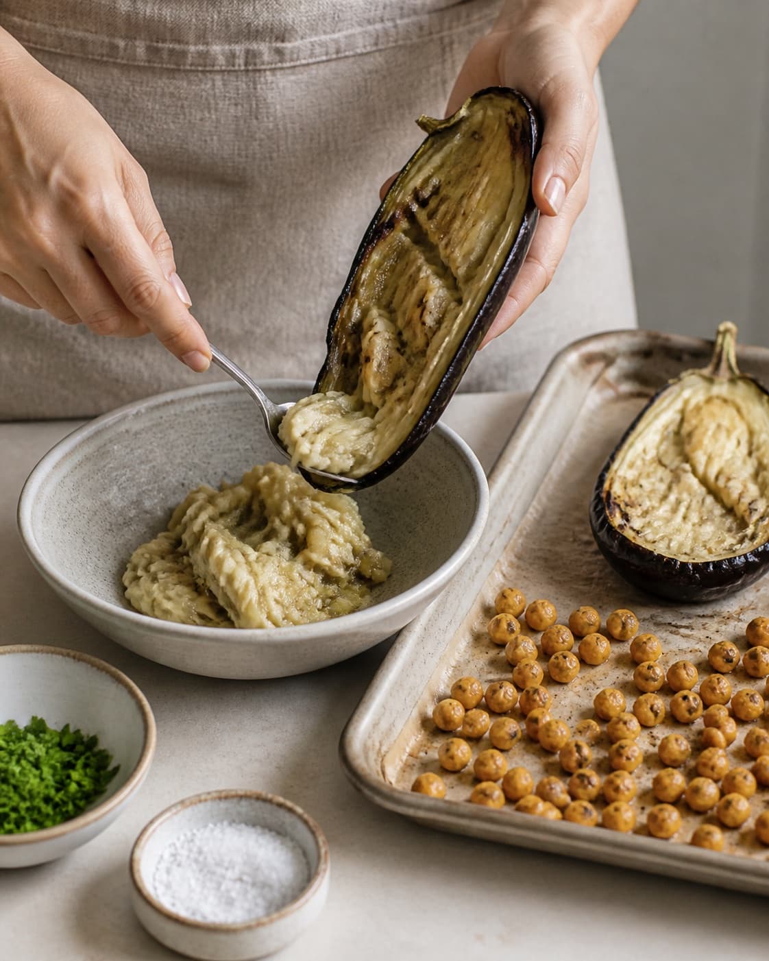 auberginer og kikærter klargøres ensartet til baba ganoushen under tilberedningen af baba ganoush med citron, tahin og sprøde kikærter