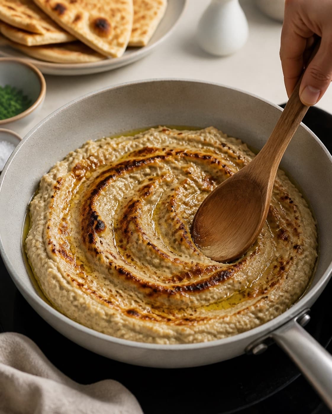 baba ganoushen steger gylden med tydelige karamelliserede kanter under tilberedningen af baba ganoush med citron, tahin og sprøde kikærter
