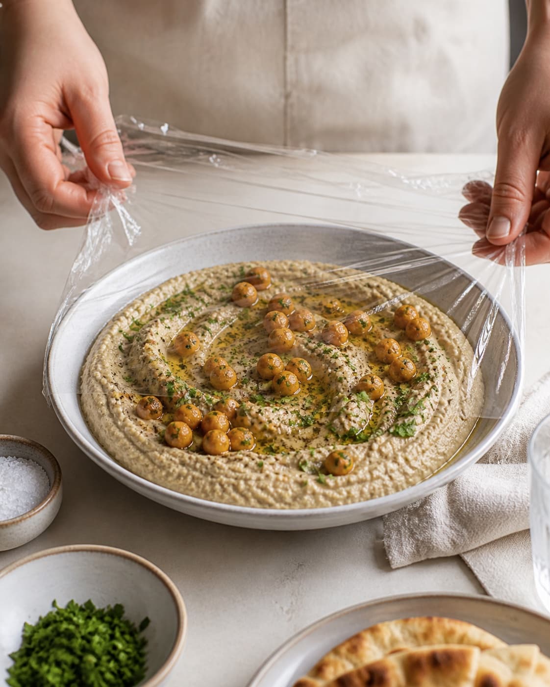 baba ganoushen hviler mens en blank sky samles under tilberedningen af baba ganoush med citron, tahin og sprøde kikærter