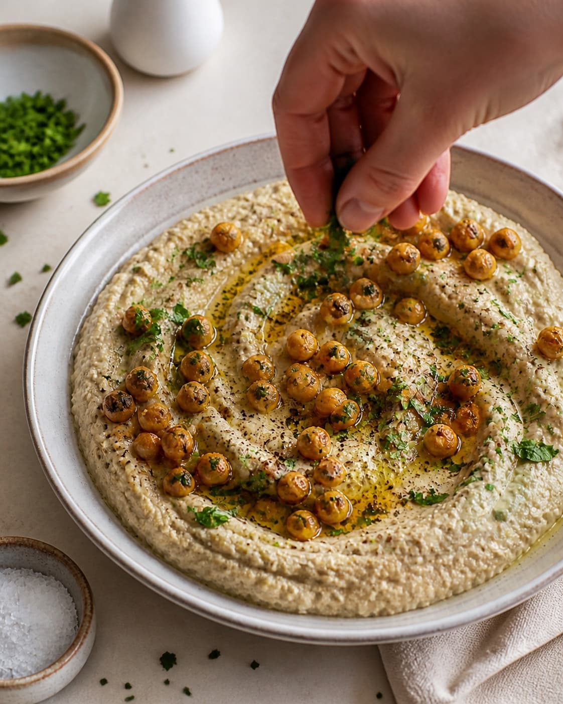 baba ganoushen anrettes med sprøde kikærter, persille og olie under tilberedningen af baba ganoush med citron, tahin og sprøde kikærter