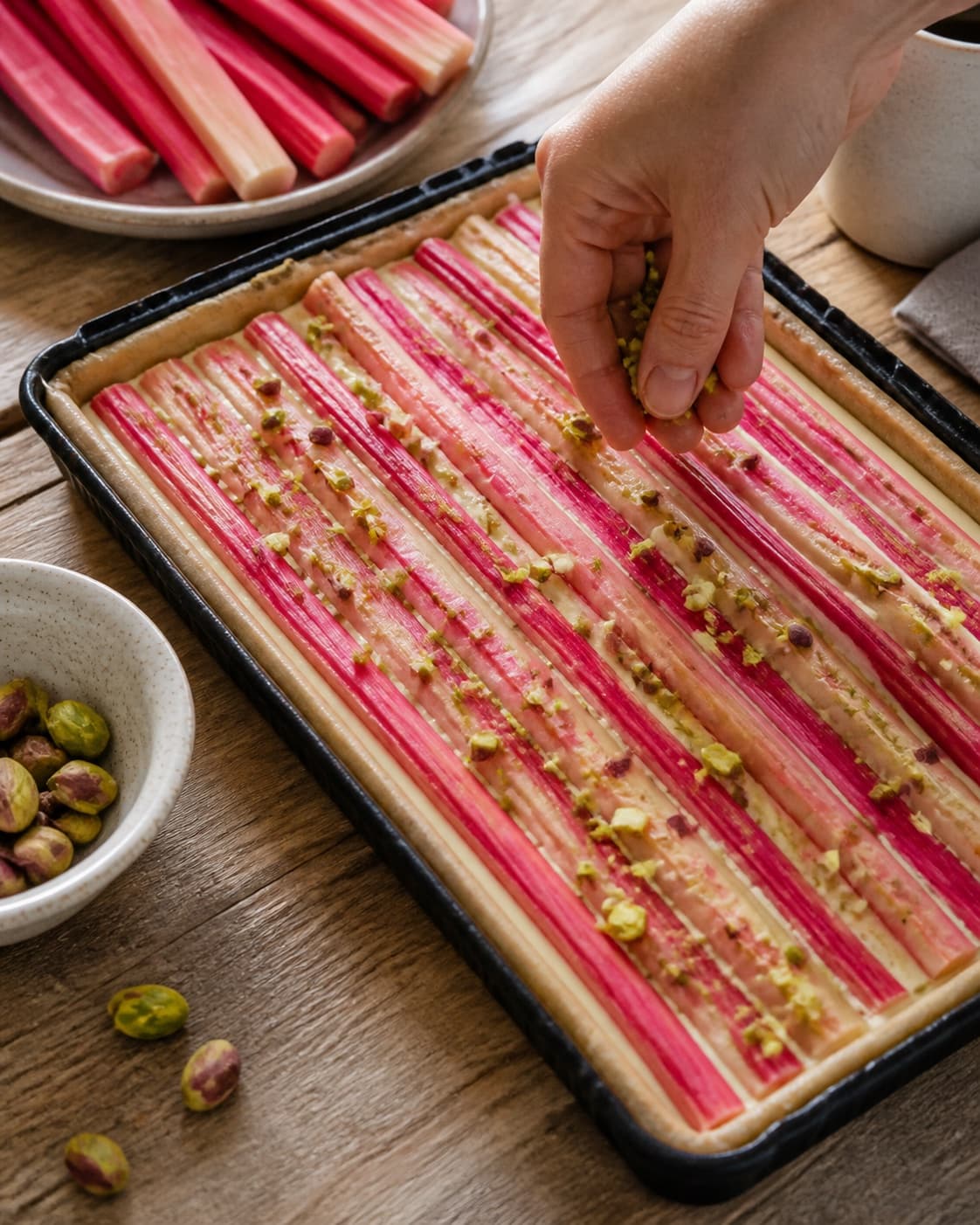 rabarber og pistacie fordeles jævnt i den ubagte rabarberkagen under tilberedningen af rabarberkage med marcipan, vanilje og pistacie
