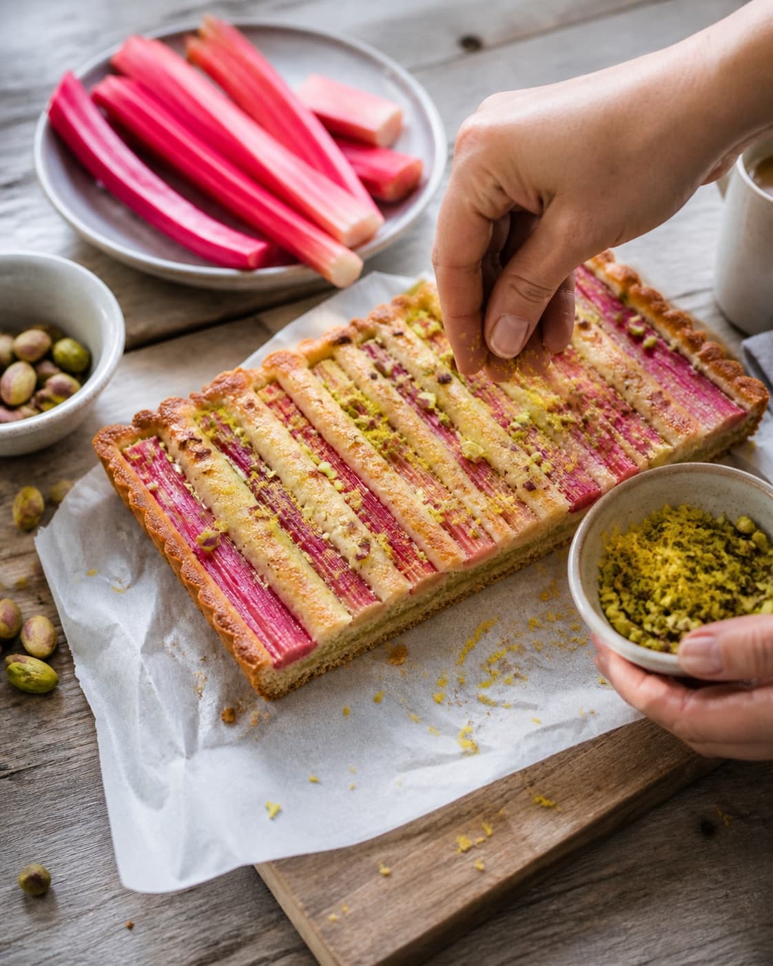 rabarberkagen hviler før ristet pistacie og citronskal tilføjes under tilberedningen af rabarberkage med marcipan, vanilje og pistacie