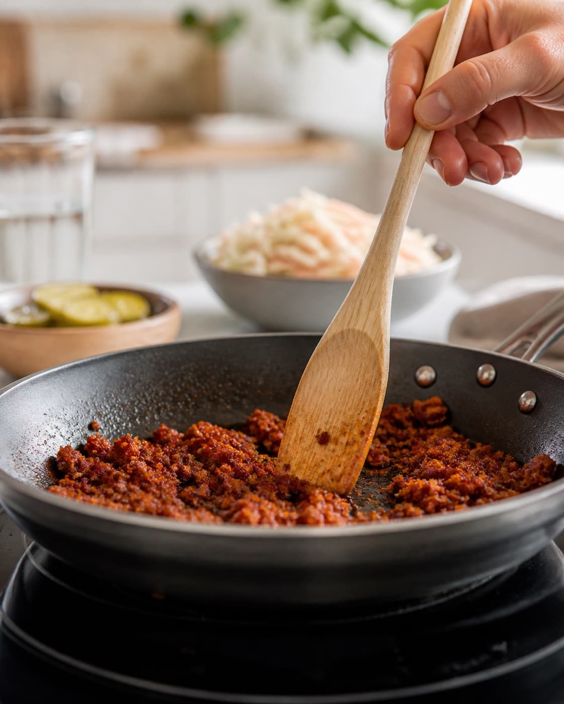 Sprødt tilbehør ristes gyldent til pulled pork-burgerne under tilberedningen af pulled pork-burger med kålslaw, æble og rugbrødsknas