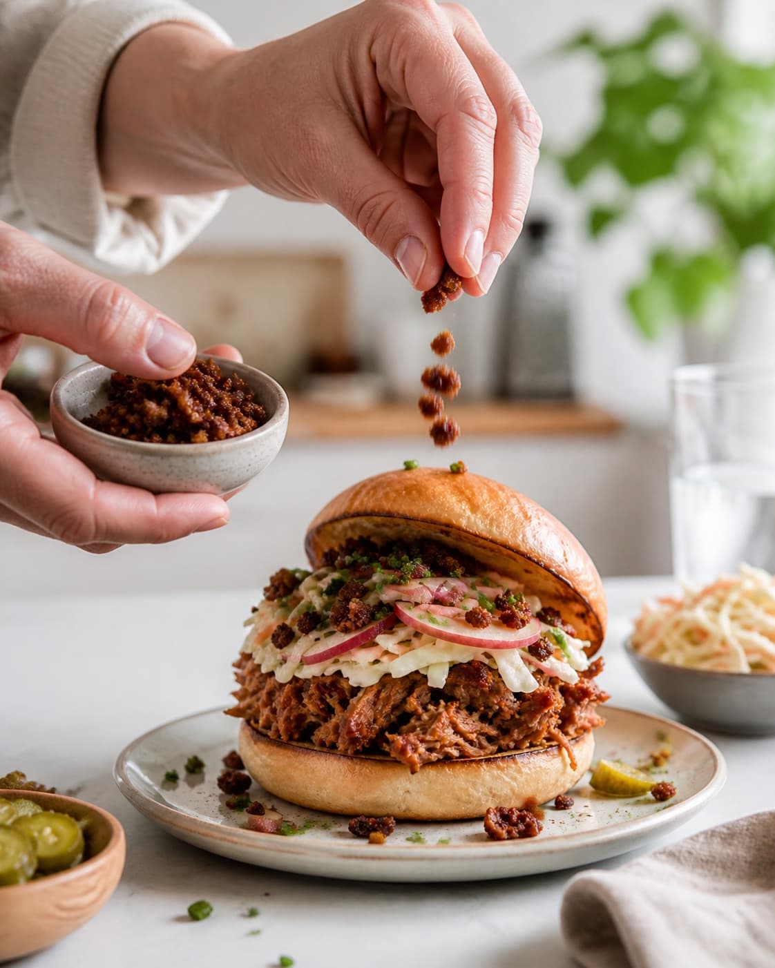 pulled pork-burgerne anrettes luftigt med rugbrødsknas og purløg under tilberedningen af pulled pork-burger med kålslaw, æble og rugbrødsknas