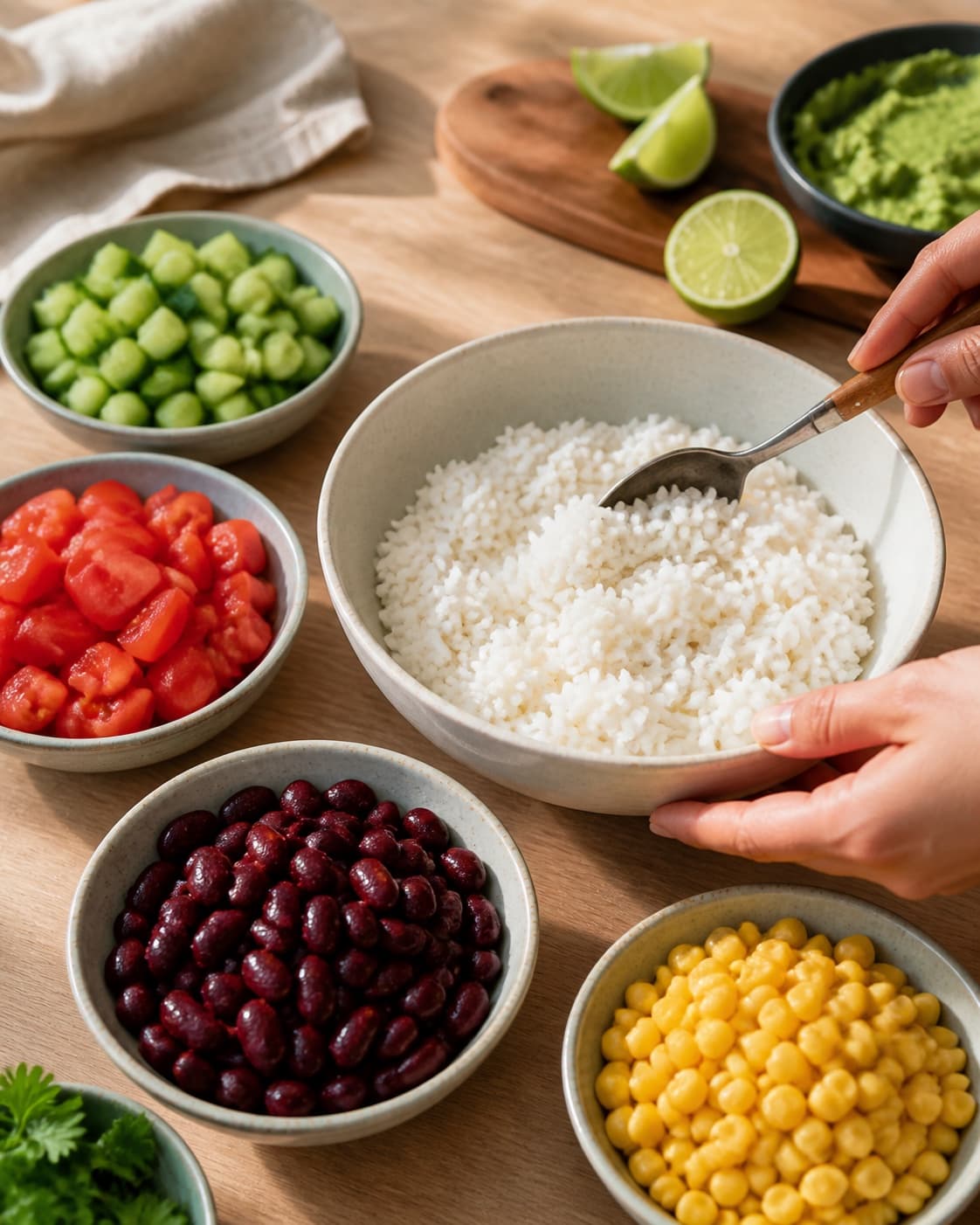 ris, chipotlebønner, majs og tomat klargøres ensartet til mexibowlen under tilberedningen af mexibowl med chipotlebønner, majs og sprøde tortillaflager