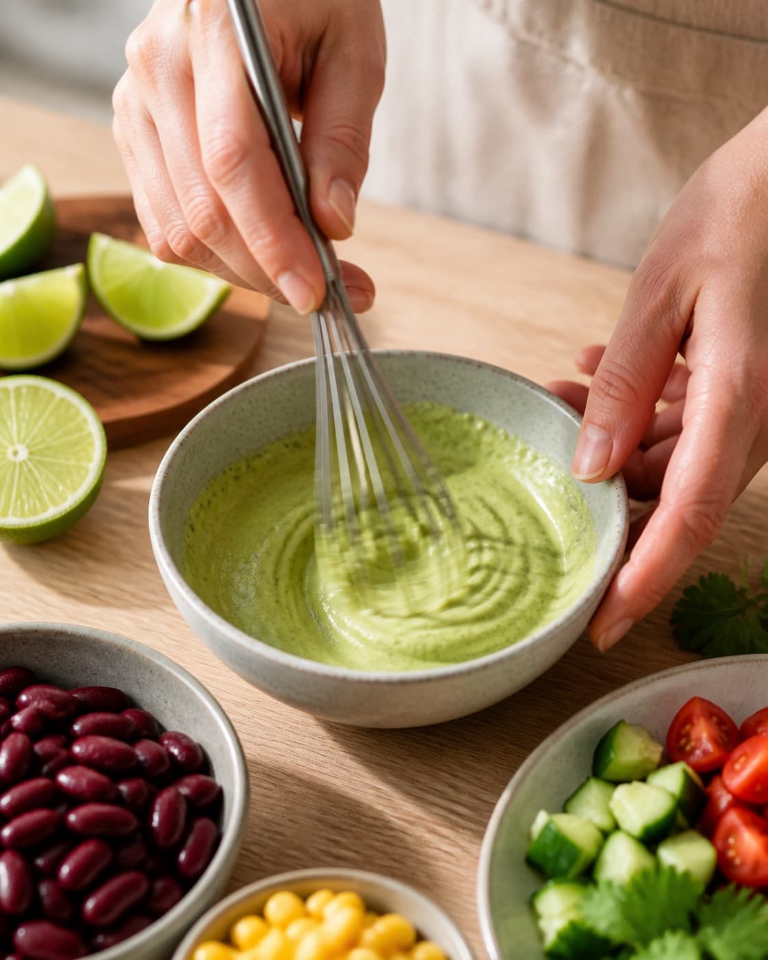 avocado-limedressingen piskes blank i en lille skål under tilberedningen af mexibowl med chipotlebønner, majs og sprøde tortillaflager