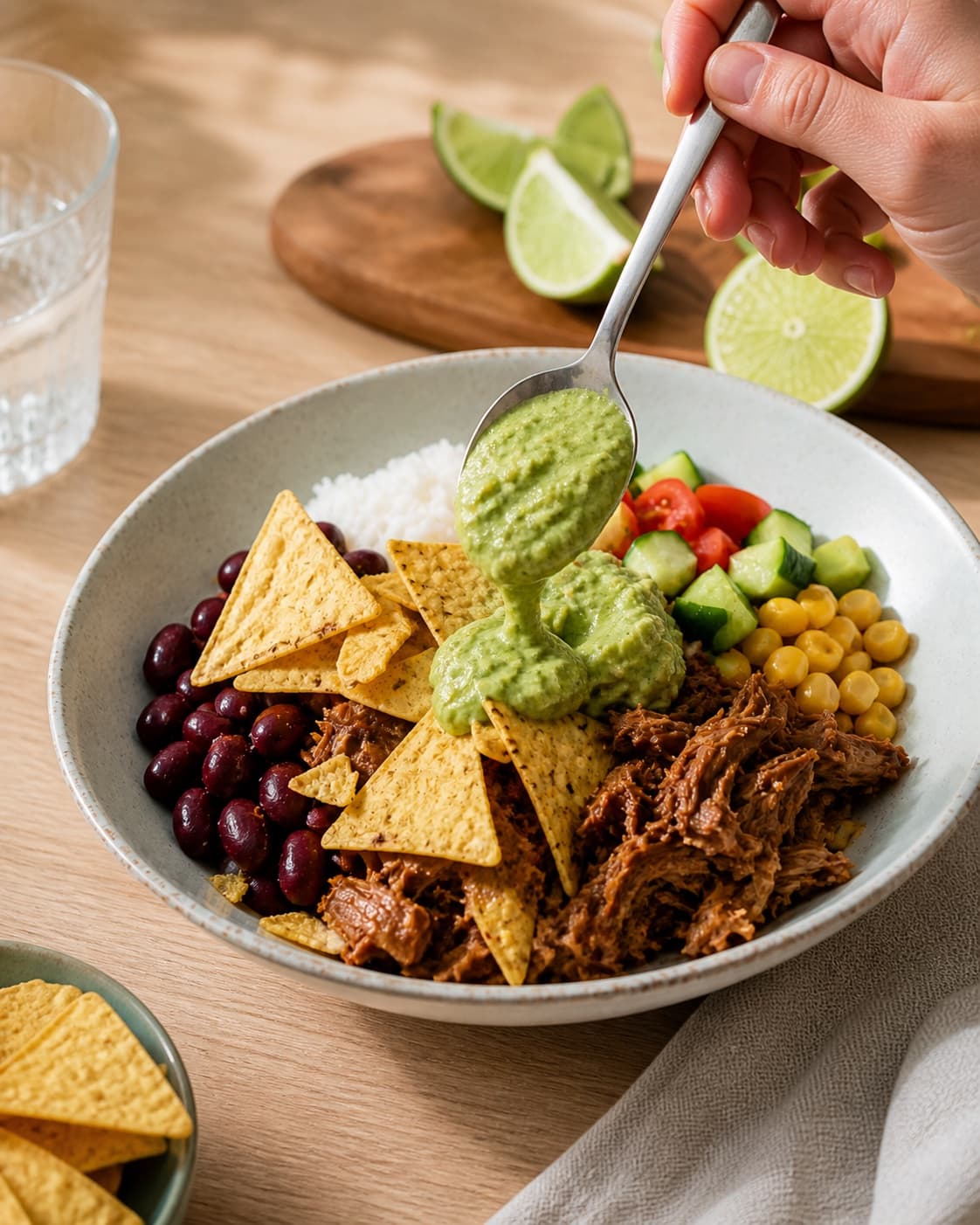 mexibowlen vendes nænsomt med avocado-limedressingen under tilberedningen af mexibowl med chipotlebønner, majs og sprøde tortillaflager
