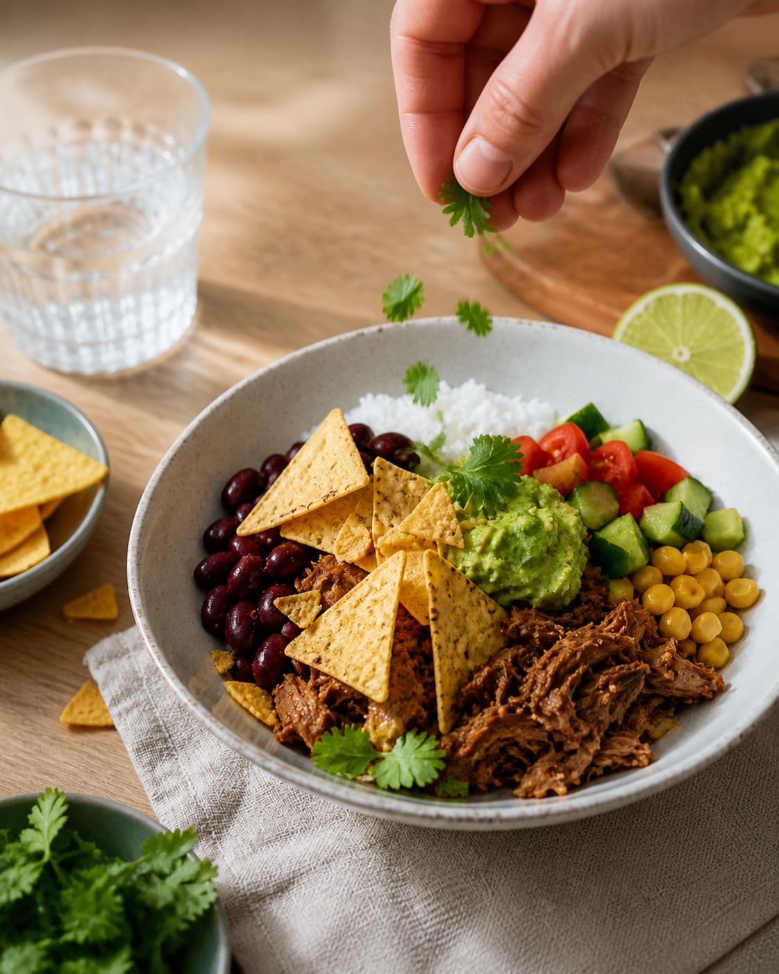 mexibowlen anrettes luftigt med sprøde tortillaflager og koriander under tilberedningen af mexibowl med chipotlebønner, majs og sprøde tortillaflager
