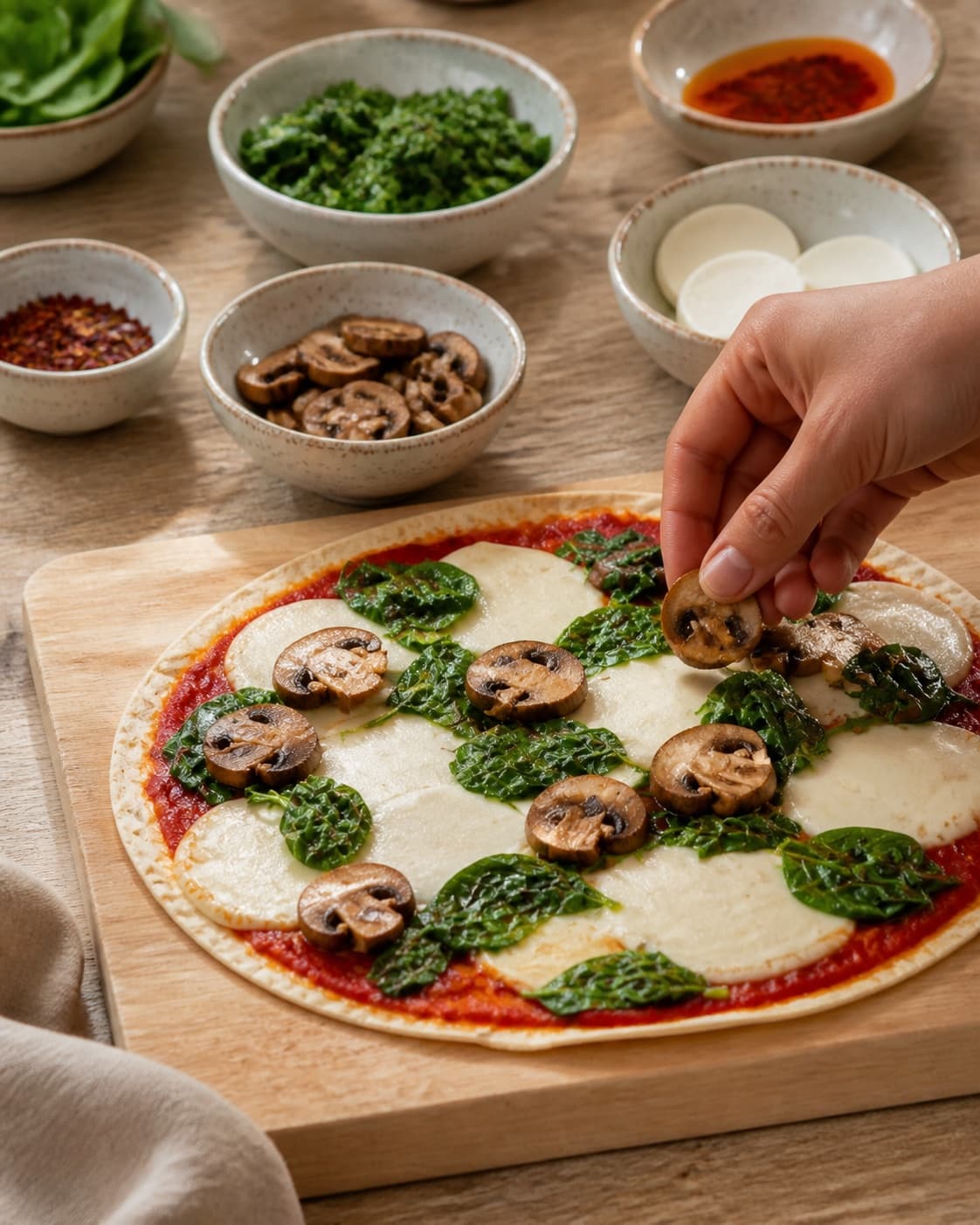 Afvejede råvarer til tortillapizzaerne ligger adskilt i lyse skåle under tilberedningen af tortillapizza med svampe, spinat og chili-honning