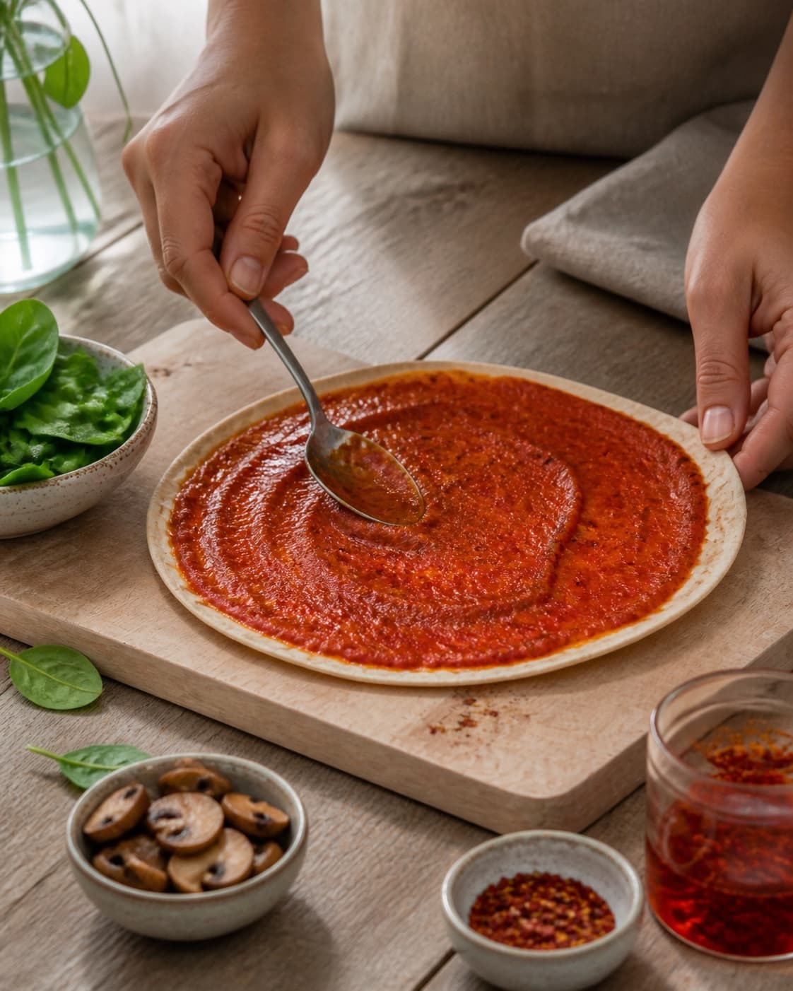 de tørre tortillas med tomat samles nænsomt til tortillapizzaerne under tilberedningen af tortillapizza med svampe, spinat og chili-honning
